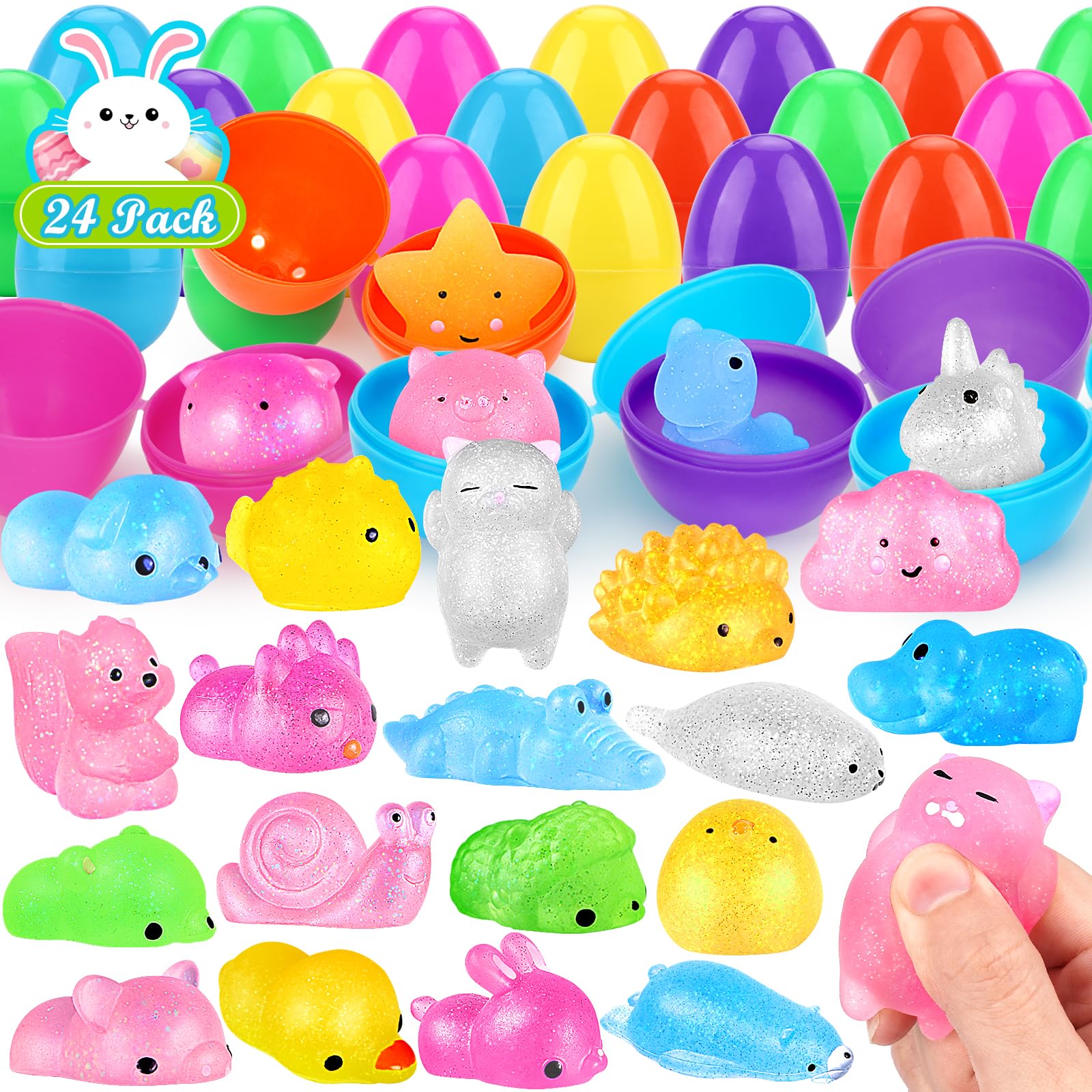 24-Piece Prefilled Easter Eggs with Mini Glitter Animal Toys - Mochi Squishy Stress Relief for Easter Basket Stuffers, Egg Hunts & Classroom Prizes - Perfect for Easter Party Favors, Kids' Activities & Gift Giving