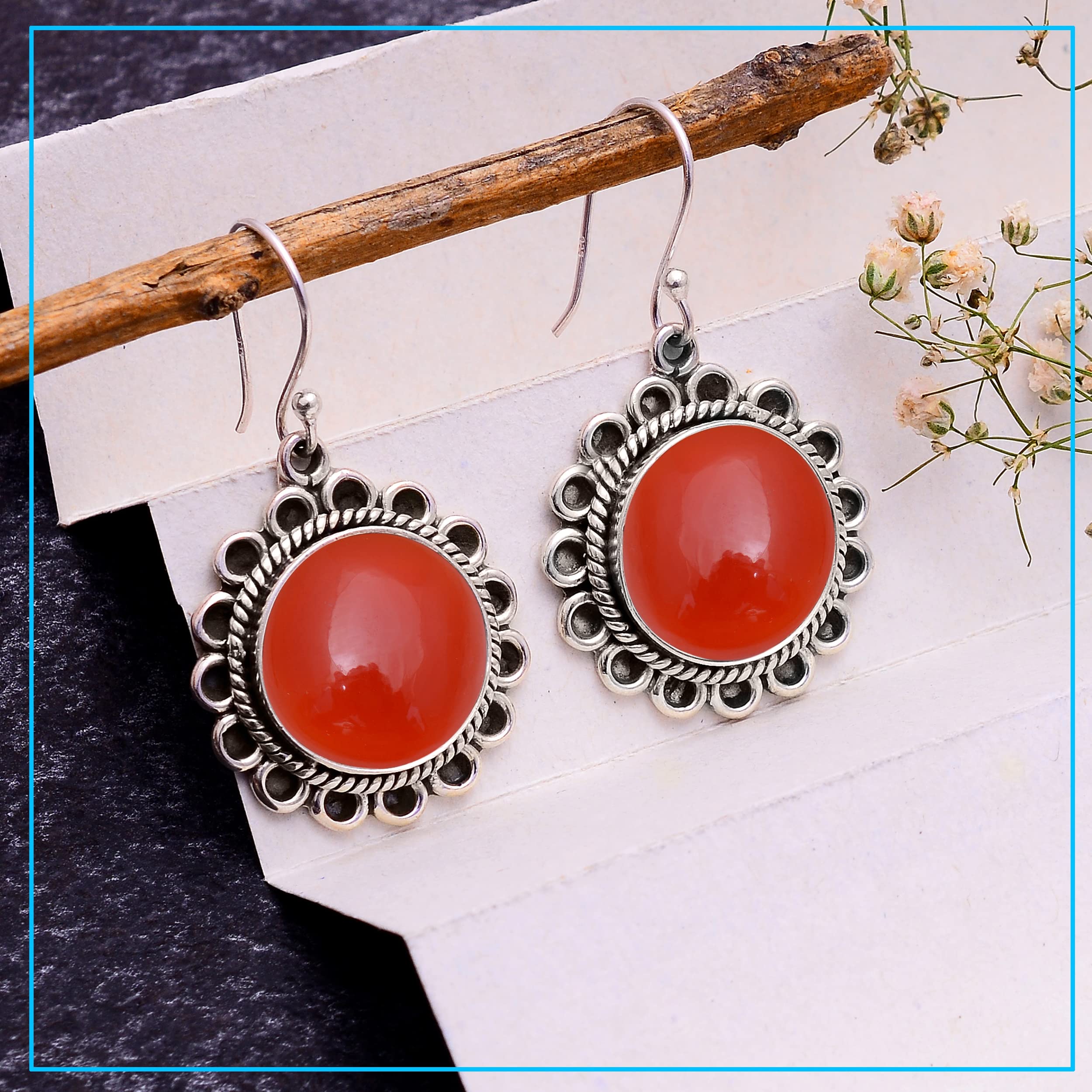Veracity Jewelry Carnelian Earrings for Women - 925 Sterling Silver Dangle Earrings with Orange Red Carnelian Gemstone - Handmade Boho Chic Jewelry - Perfect for Weddings, Parties & Everyday Wear (VSE-375)