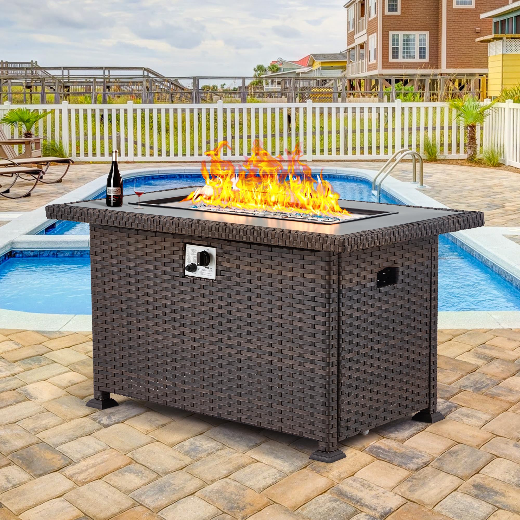 GYUTEI 44-inch Propane Fire Pit Table - 50,000 BTU Outdoor Gas Fire Table with Auto-Ignition & CSA Certification - Brown Patio Heater for Garden, Backyard, Deck (Perfect for Outdoor Entertaining & Cozy Nights)