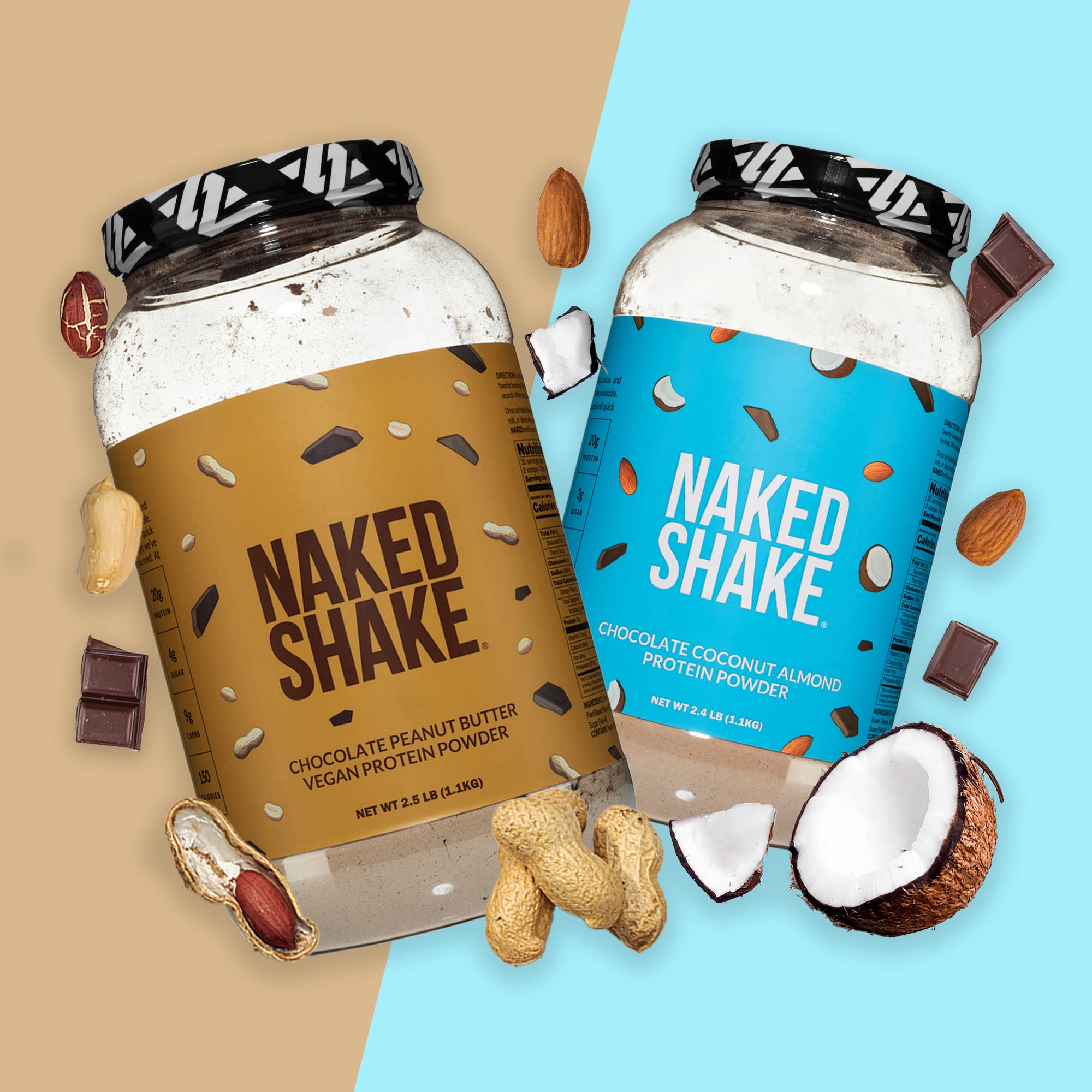 Naked Shake Chocolate Peanut Butter Vegan Protein Powder - Plant-Based Protein from US & Canadian Farms with MCT Oil, Gluten-Free, Soy-Free, Non-GMO, No Artificial Sweeteners - 30 Servings for Post-Workout Recovery & Healthy Smoothies