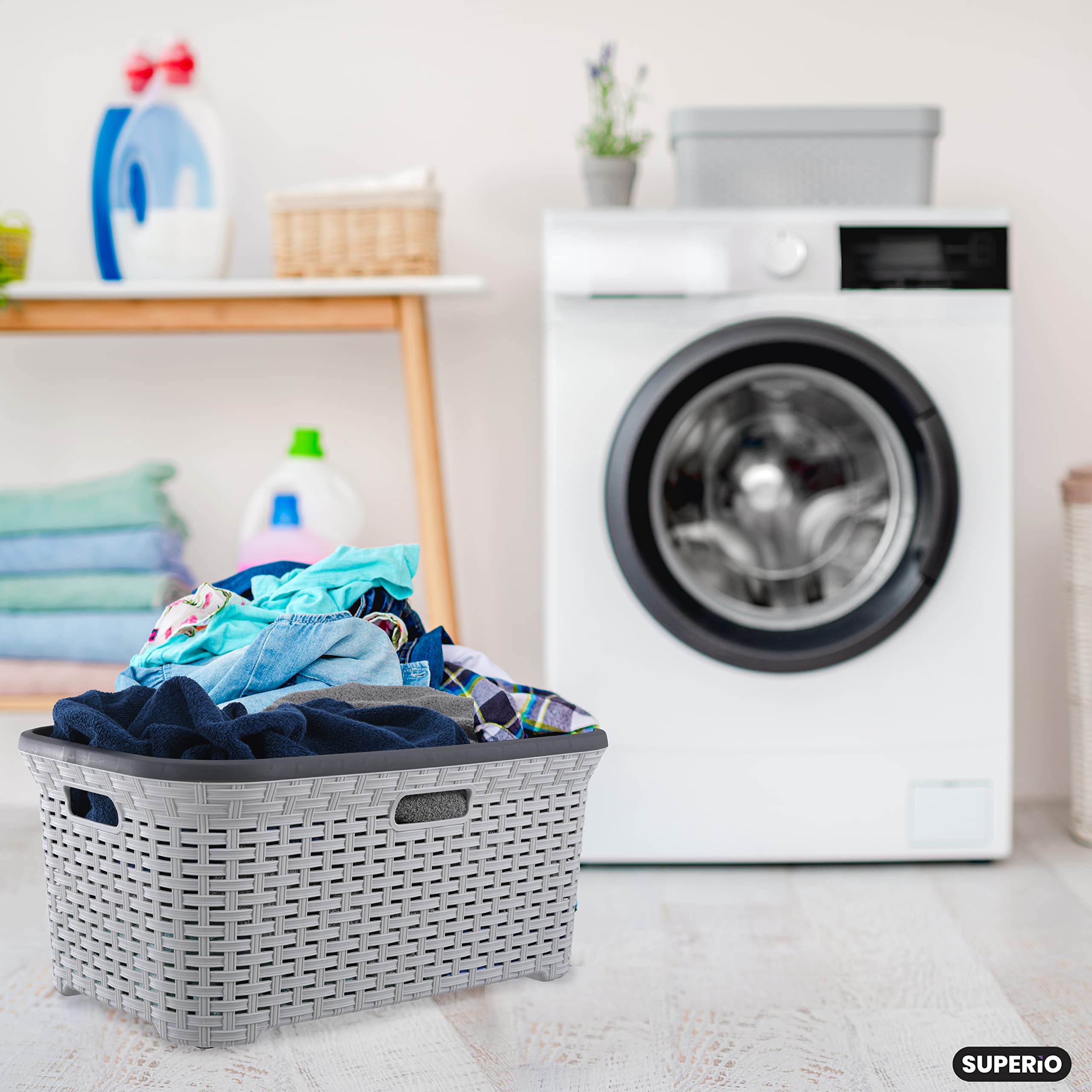 Plastic Laundry Basket with Cut-Out Handles - 50L White Wicker Design Storage Hamper for Clothes Organization | Space-Saving for Laundry Room, Bedroom & Bathroom | Perfect for Home, Dorm, and Apartment Use