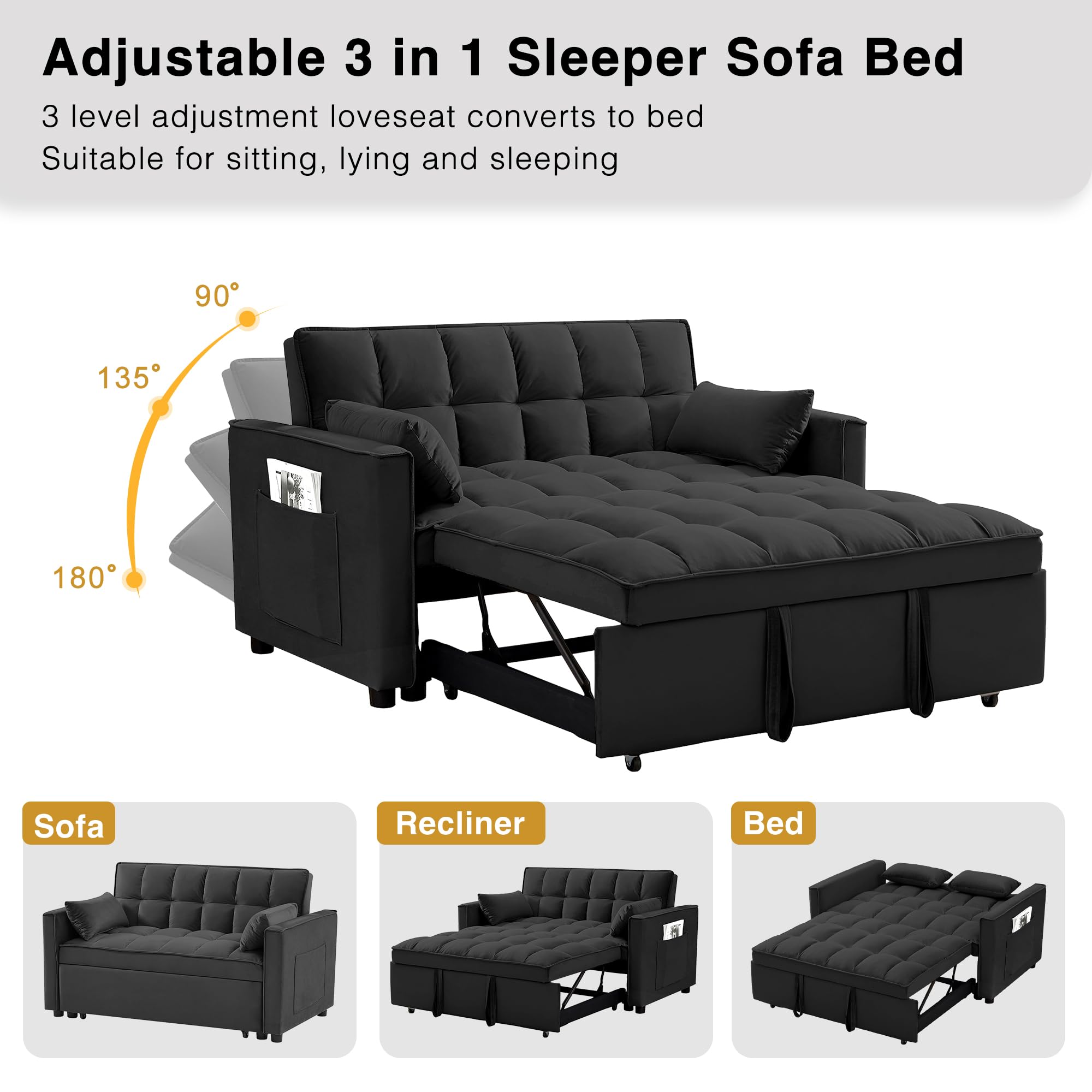 3 in 1 Convertible Sleeper Sofa Bed - Velvet Fabric Pull Out Couch with Adjustable Backrest & Side Pockets | Loveseat & Sectional Sofa Bed for Small Spaces | Perfect for Living Rooms, Guest Rooms & Studio Apartments (Black)