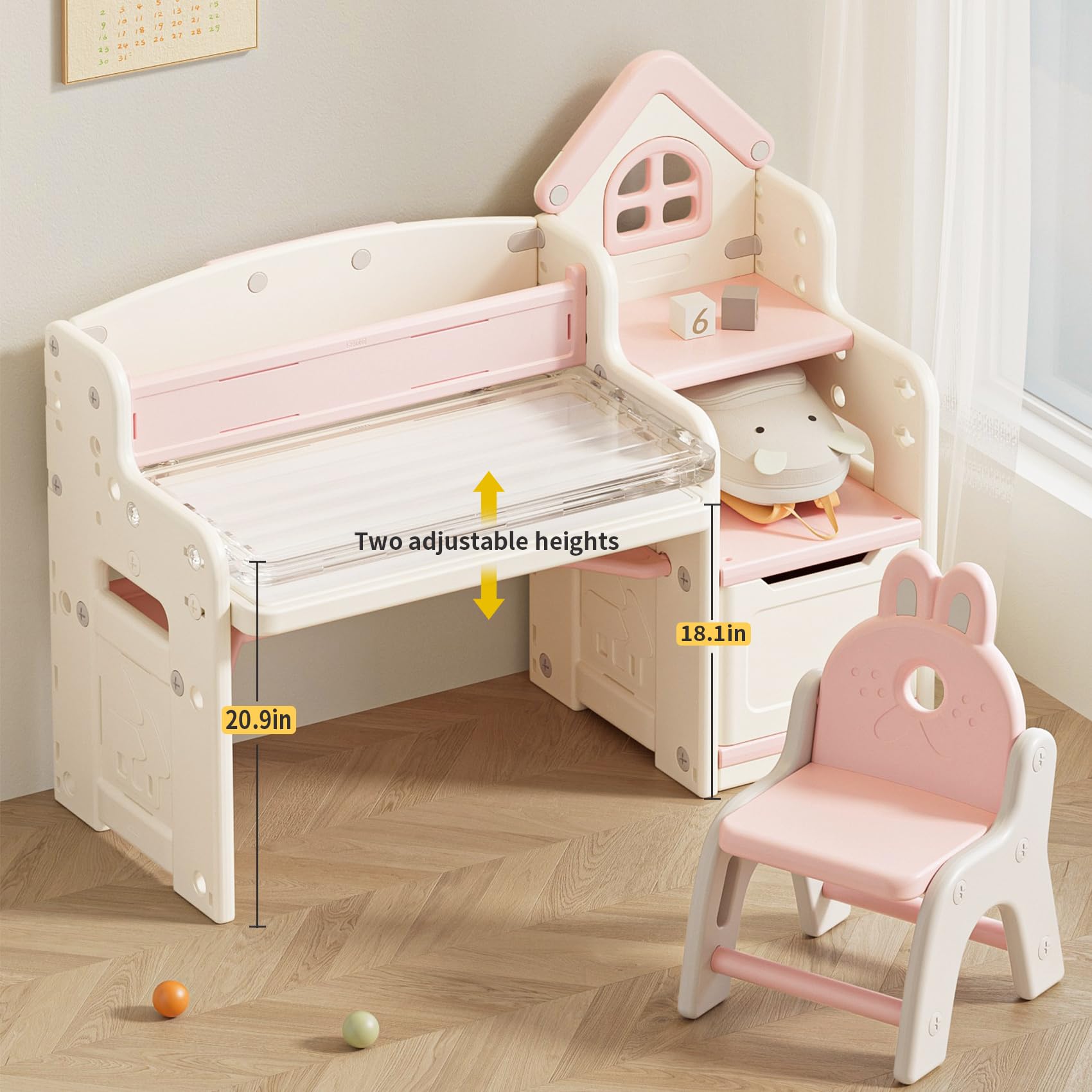 UNICOO Kids 3-in-1 Multifunctional Activity Desk - Adjustable Height Learning & Drawing Table with Chair Set (QB-002-P Pink) | Perfect for Homeschooling, Art Projects & Playroom Organization