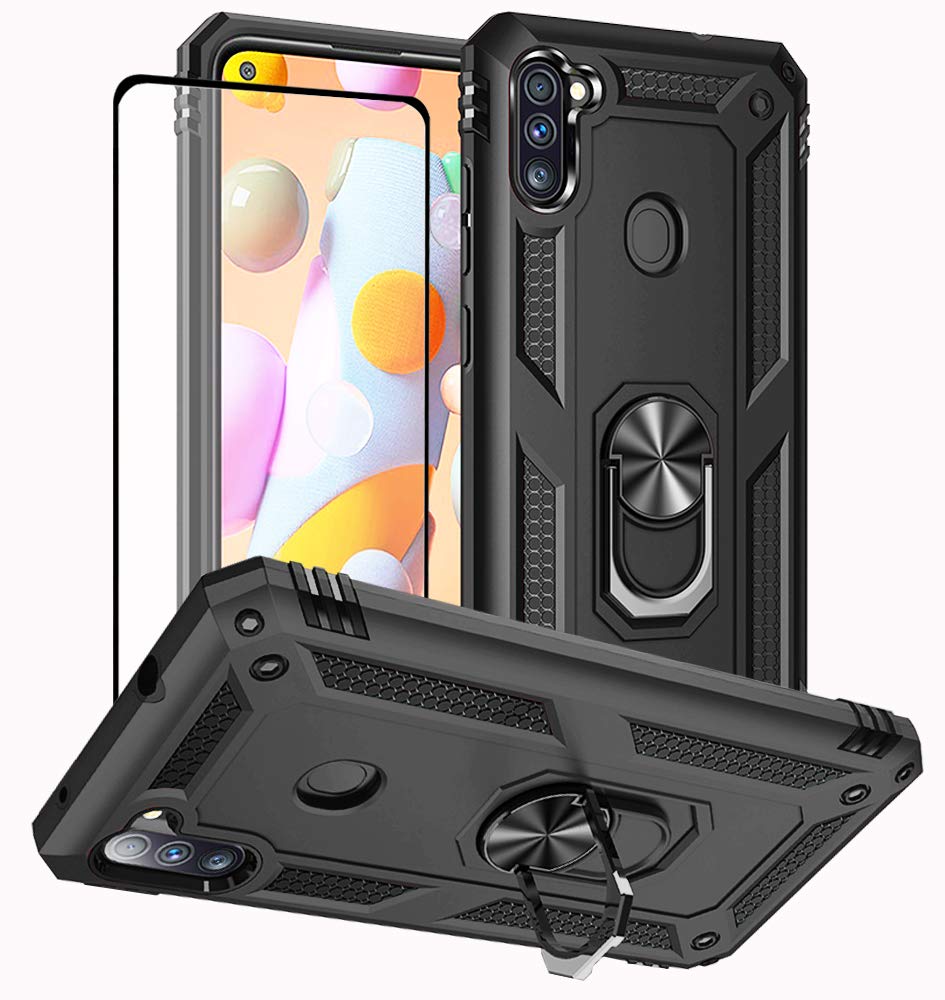 Samsung Galaxy A11 Phone Case with Screen Protector - Military Grade Shockproof Protective Cover with Ring Stand, Anti-Scratch & Drop Protection for Samsung A11 (Black) - Perfect for Outdoor Activities, Travel & Daily Use