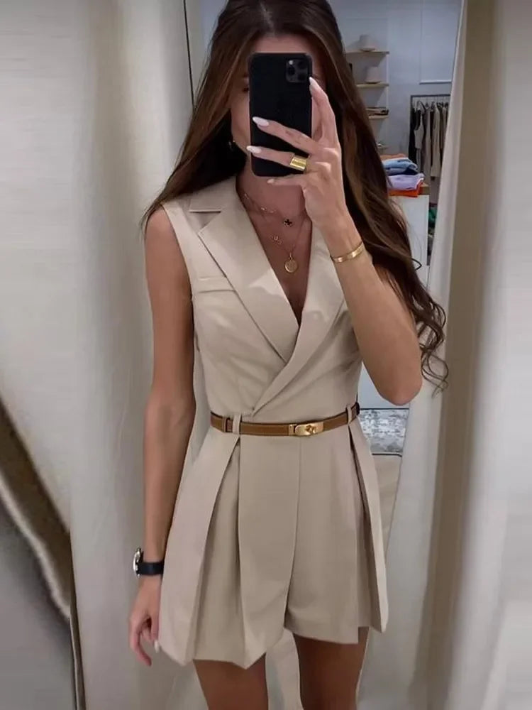 Stylish Women's Sleeveless Jumpsuit with Belt - Slim Fit Romper with Turn-Down Collar for Spring & Summer | Perfect for Beach Vacations, Date Nights & Casual Outings