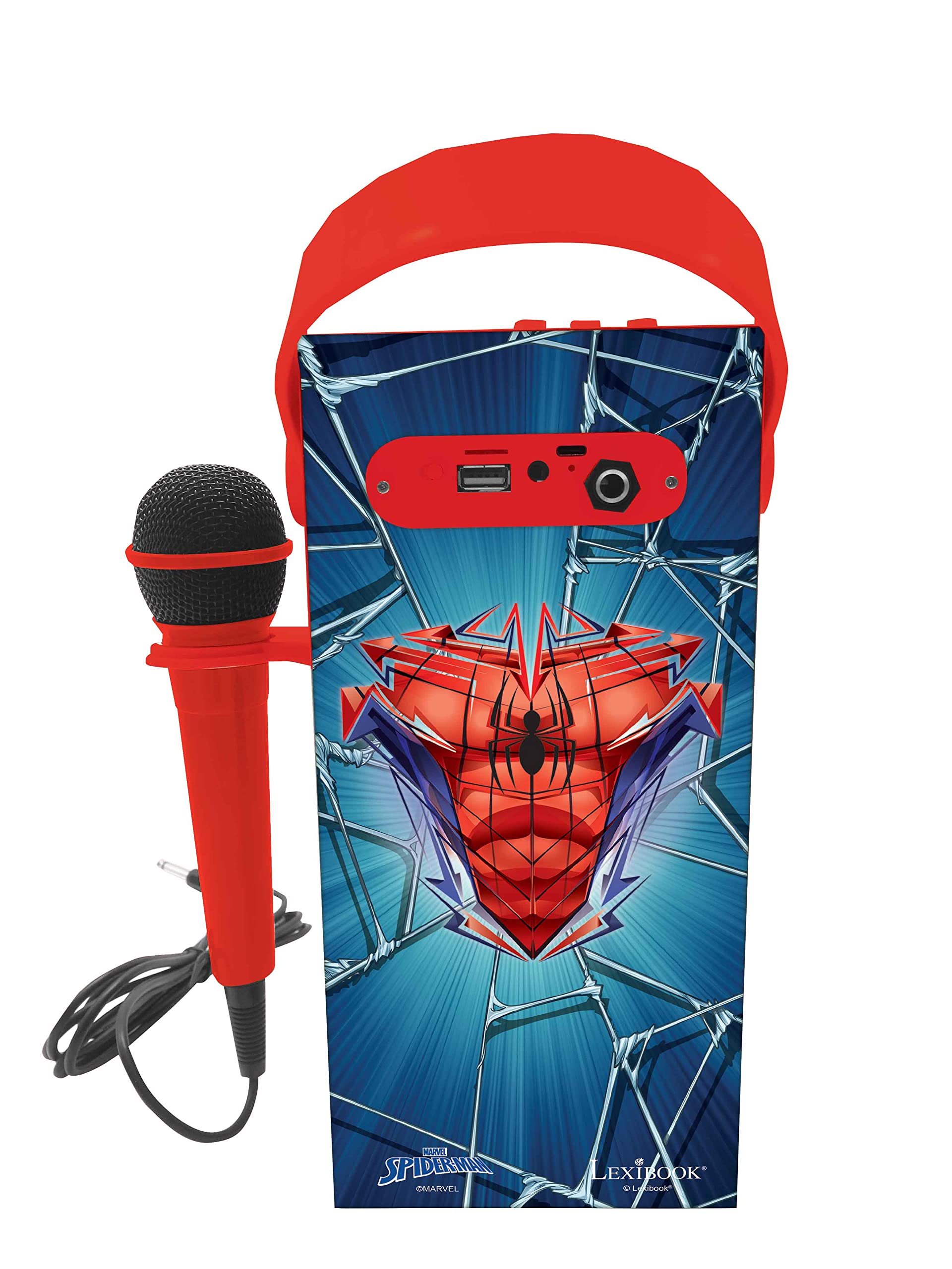 Lexibook Spider-Man Portable Bluetooth Speaker with Microphone - Wireless Karaoke Speaker with LED Light Effects, USB/SD Card Support & Rechargeable Battery (Blue/Red, BTP180SPZ) - Perfect for Kids' Parties, Home Karaoke & Outdoor Gatherings