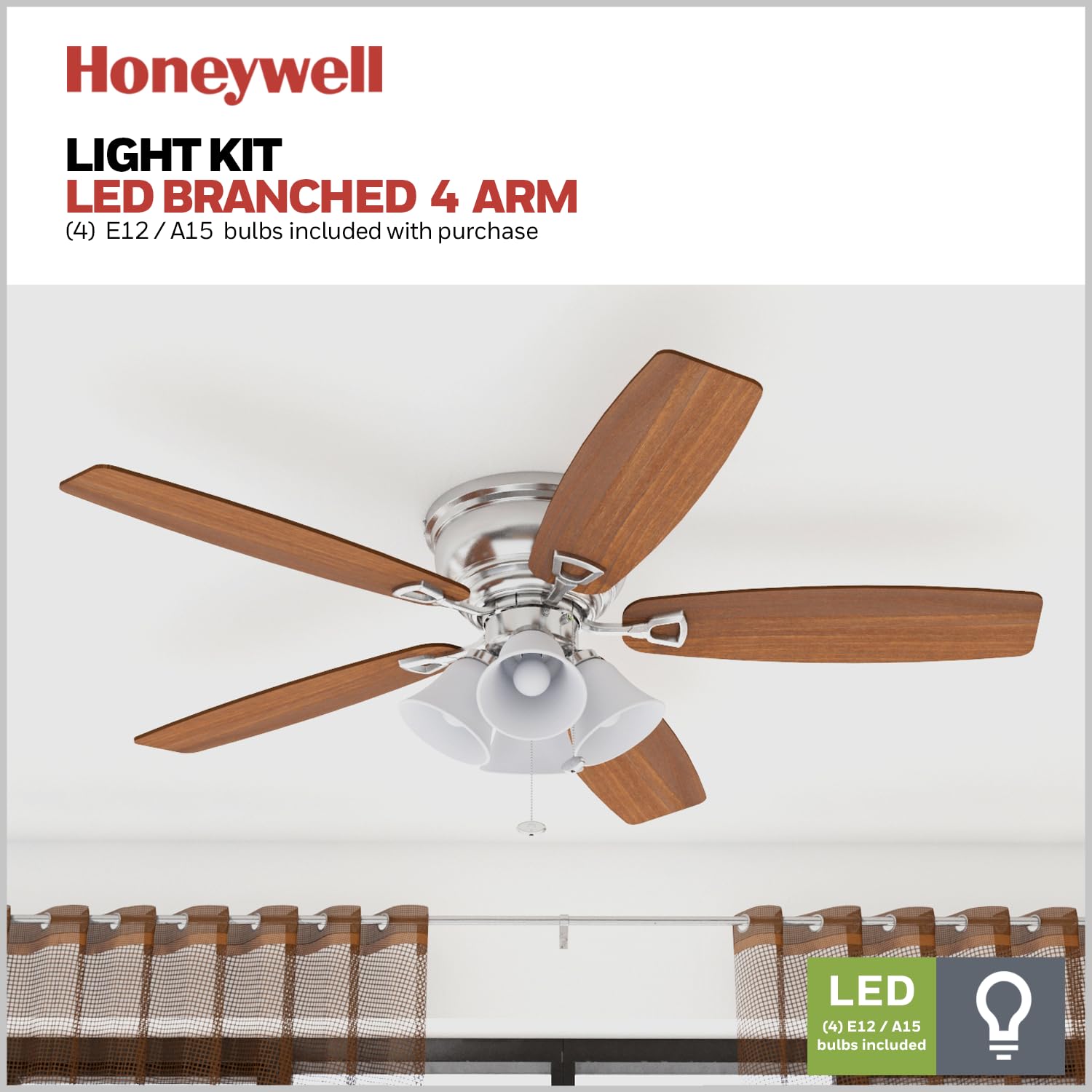 Honeywell 52 Inch Brushed Nickel Ceiling Fan with LED Light - Quick-2-Hang Flush Mount Indoor Fan, Reversible Motor & Dual Finish Blades for Living Room, Bedroom & Office (Model 50182)