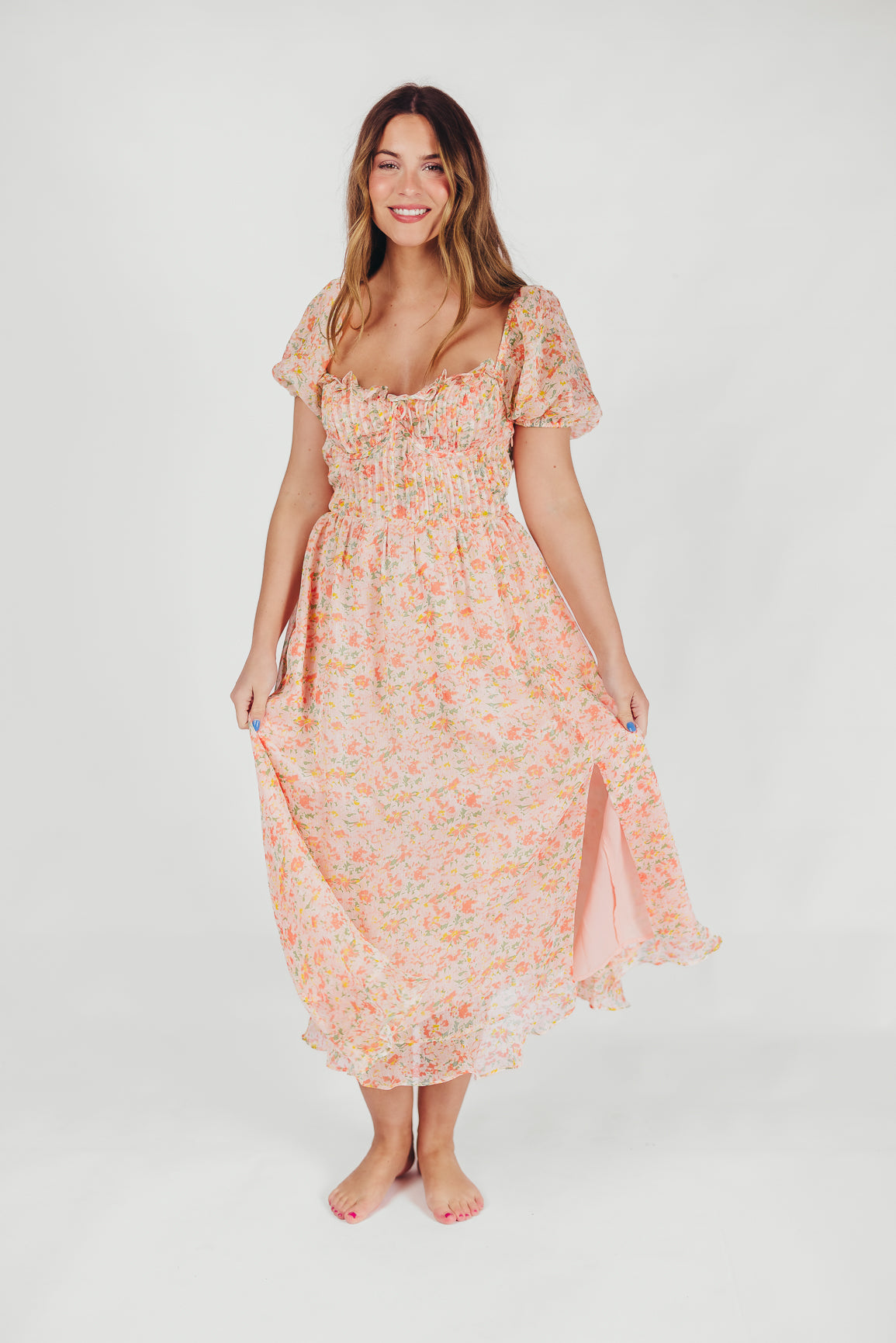 Lunaria Pleated Bustier Midi Dress - Floral Orange Summer Dress for Women | Perfect for Weddings, Parties & Date Nights