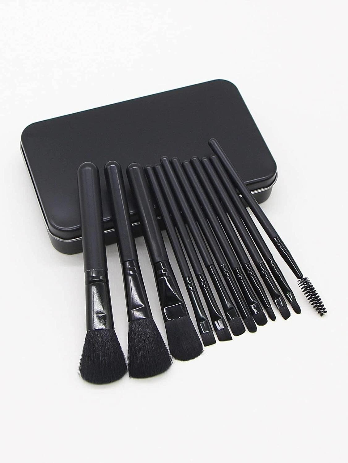Professional 12-Piece Fiber Brush Set with Black Metal Storage Box - Perfect for Makeup Artists, Cosplay & Home Beauty Care