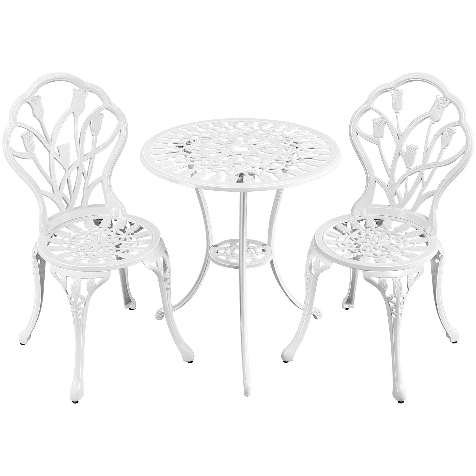 Yaheetech 3-Piece Patio Bistro Table Set with Umbrella Hole - Antique Aluminum Outdoor Dining Furniture for Garden, Backyard, Balcony, Lawn & Pool - White | Perfect for Outdoor Entertaining, Relaxing & Dining Al Fresco