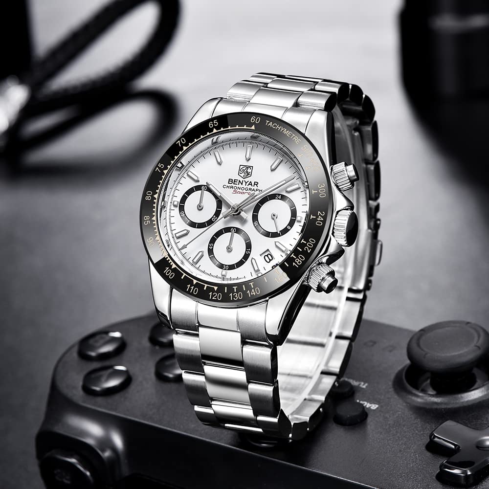 BENYAR Men's Fashion Quartz Analog Chronograph Watch - Waterproof, Scratch Resistant Stainless Steel Strap for Business, Leisure & Sports Activities