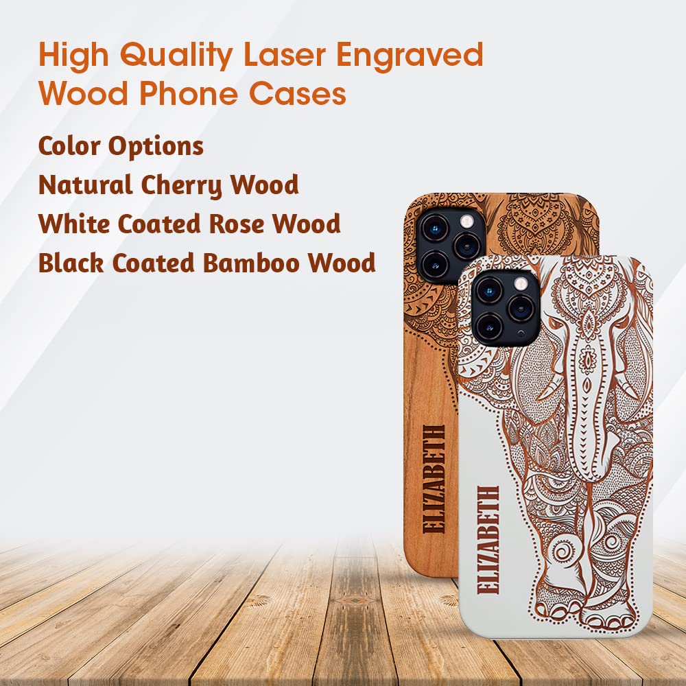 Personalized Engraved Wood Phone Case with Free Screen Protector - Compatible with iPhone 16/15/14/13/12/11 & Samsung Galaxy S20/S21/S22/S23/S24 - Custom Design Options (Elephant 2) - Perfect Gift for Birthday, Anniversary & Everyday Protection