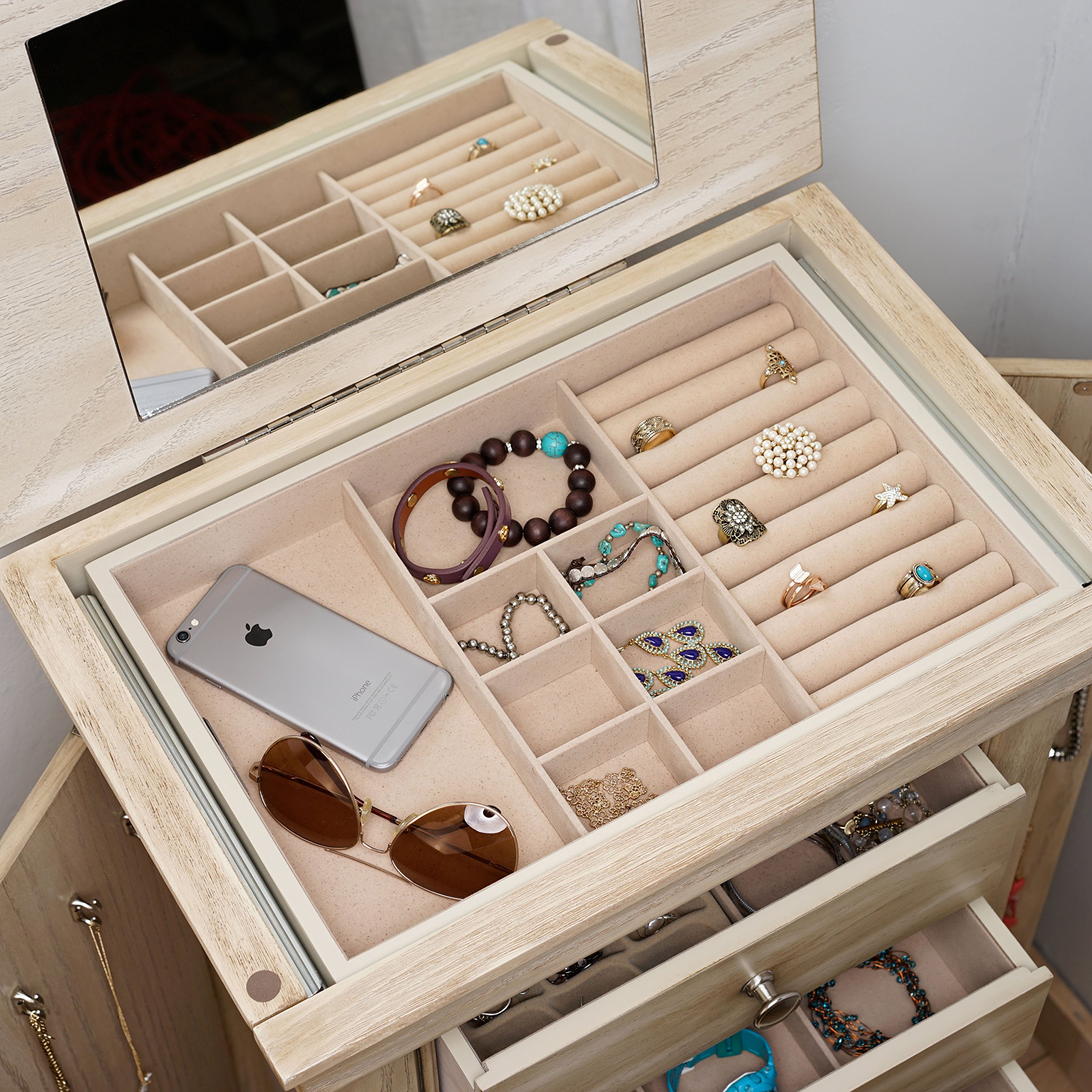 Haley Jewelry Storage Armoire for Necklaces, Rings & Earrings - Hives and Honey Taupe Organizer | Perfect for Bedroom, Closet & Travel Jewelry Organization