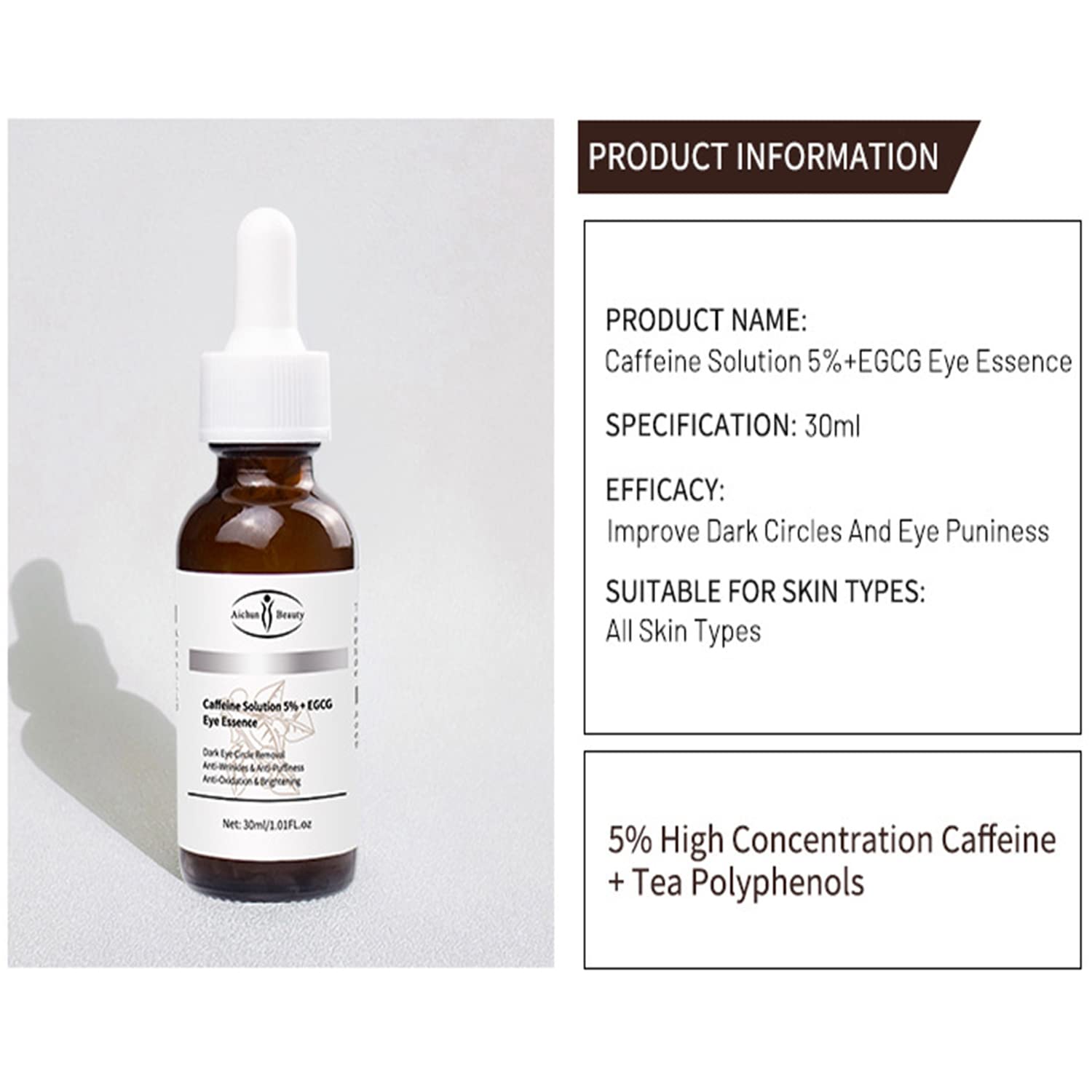AICHUN BEAUTY 5% Caffeine + EGCG Eye Serum - Anti-Wrinkle, Anti-Acne, Oil Control, Brightening & Pore Minimizing Treatment (30ml/1.01FL.oz) - Dark Circle Relief & Morning Eye Refresh for Tired Skin