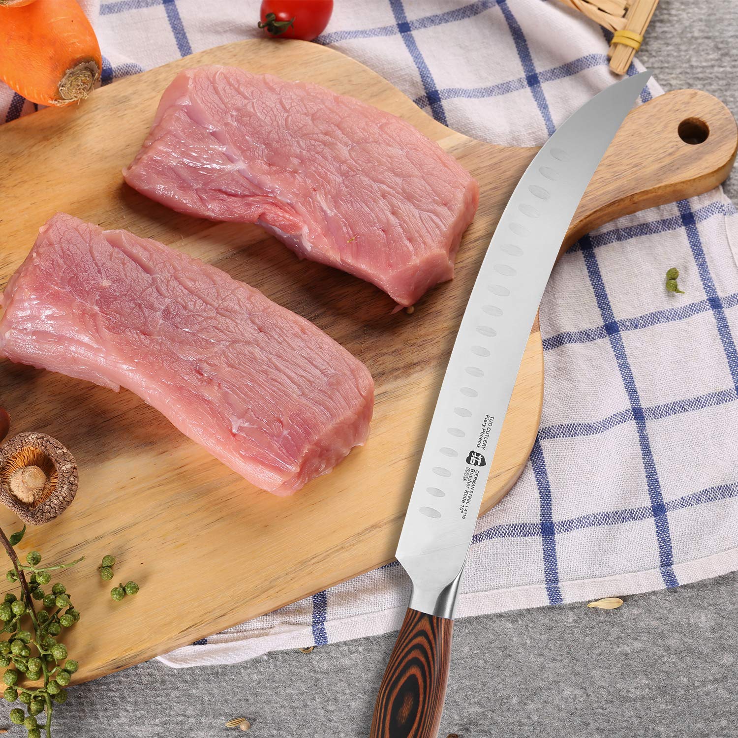TUO Cimitar Butcher Knife - 10 Inch Professional Curved Meat Cleaver for Breaking, Slicing & Carving - German High Carbon Steel Blade with Full Tang Pakkawood Handle - Fiery Series Gift Box (Perfect for Butchers, Chefs & BBQ Enthusiasts)