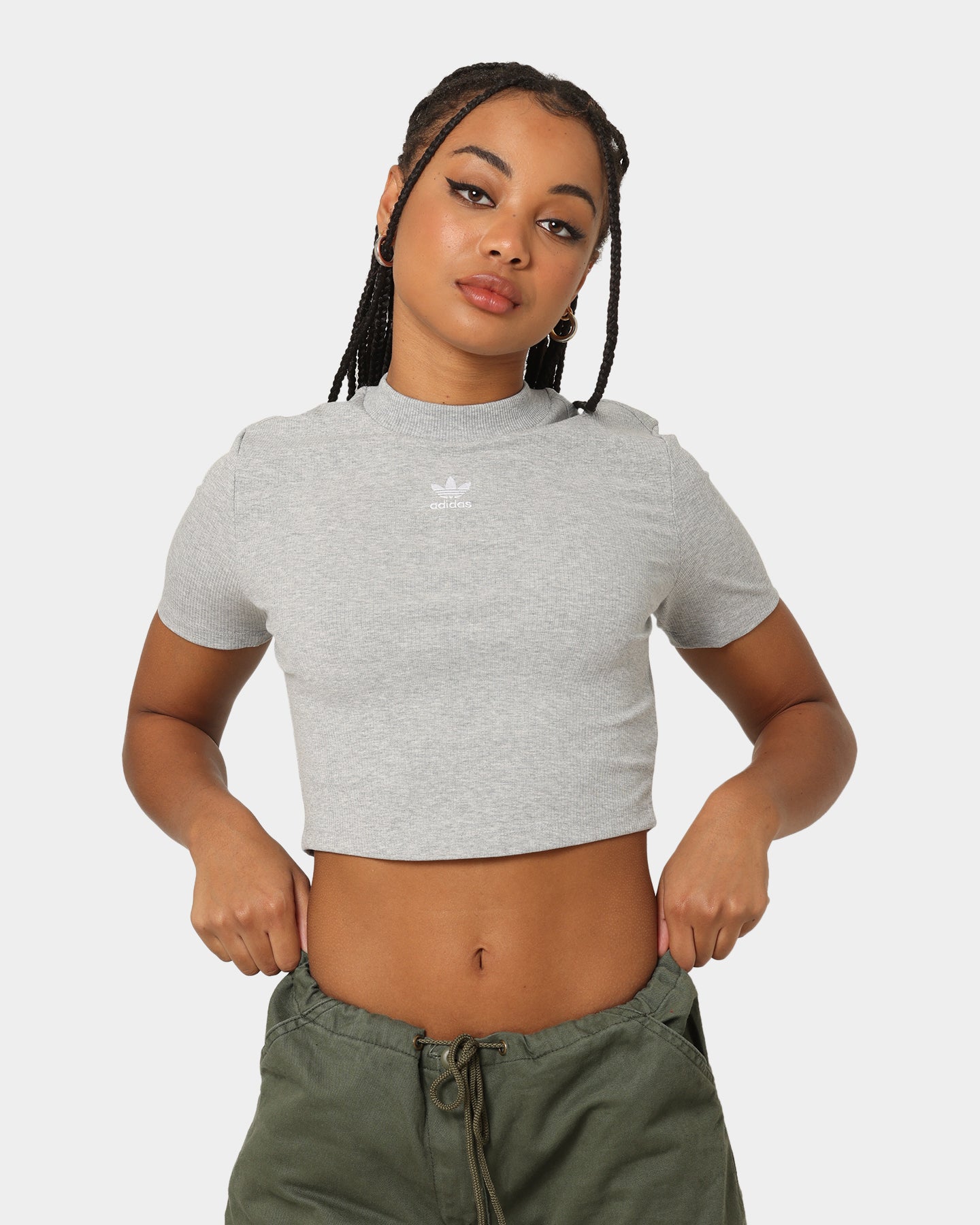 Adidas Women's Adicolor Essentials Rib Cropped T-Shirt - Medium Grey Heather - Casual Workout & Streetwear Fashion Top for Gym, Running & Everyday Wear
