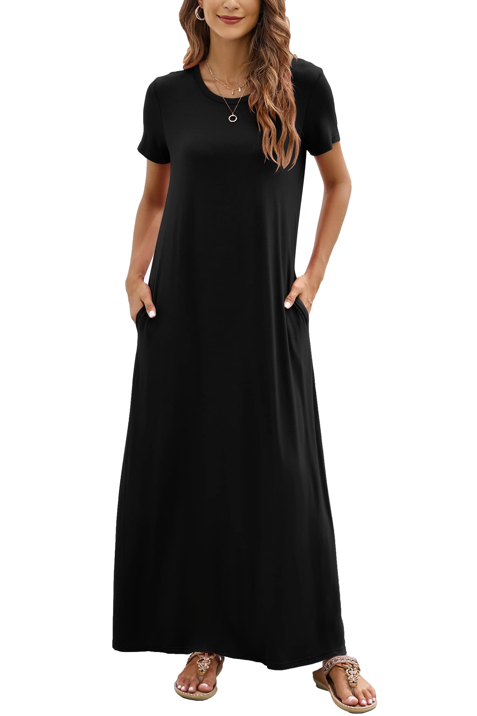 Hount Women's Summer Short Sleeve Maxi Dress - Casual Loose Beach Sundress with Pockets | Perfect for Vacation, Travel, and Outdoor Activities