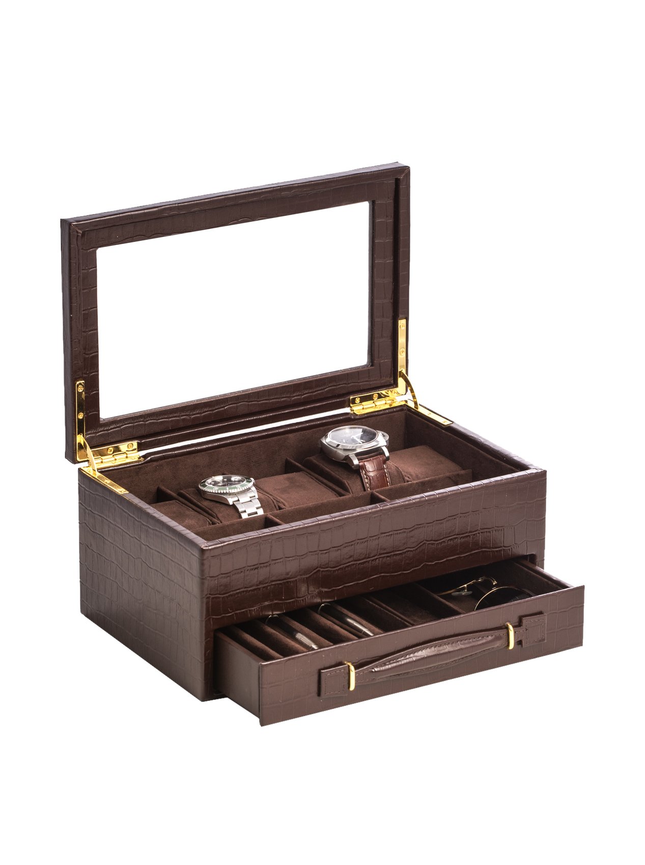 Bey-Berk BB547BRW Brown Crocodile Leather Watch Box with Drawer - Holds 5 Watches, Pens & Accessories - Clear Glass Top Display Case - Perfect for Watch Collectors & Jewelry Storage
