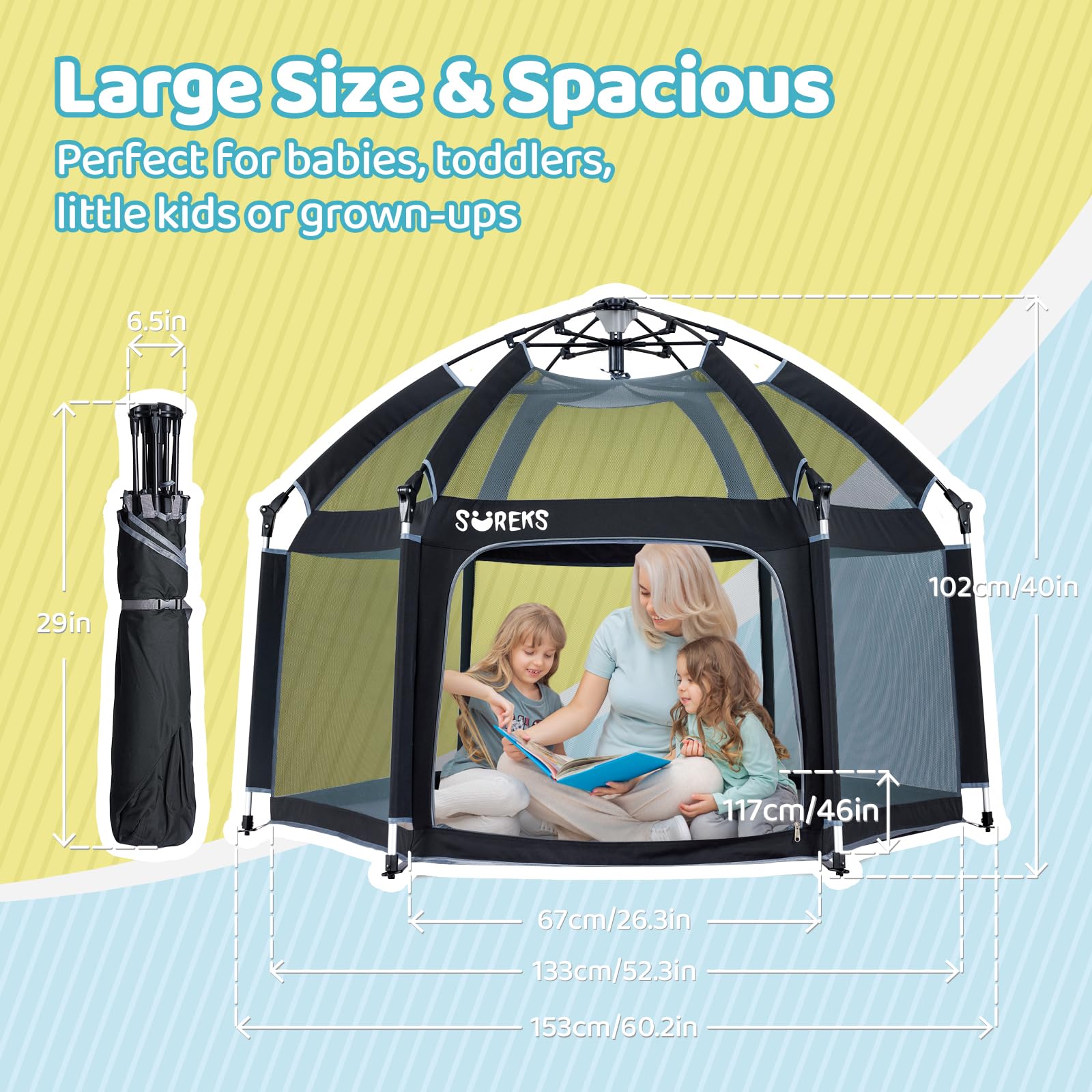 Suureks Baby Playpen Foldable - Large Play Yard for Babies & Toddlers with Safety Gate | Indoor & Outdoor Portable Playpen for Home, Park, and Travel