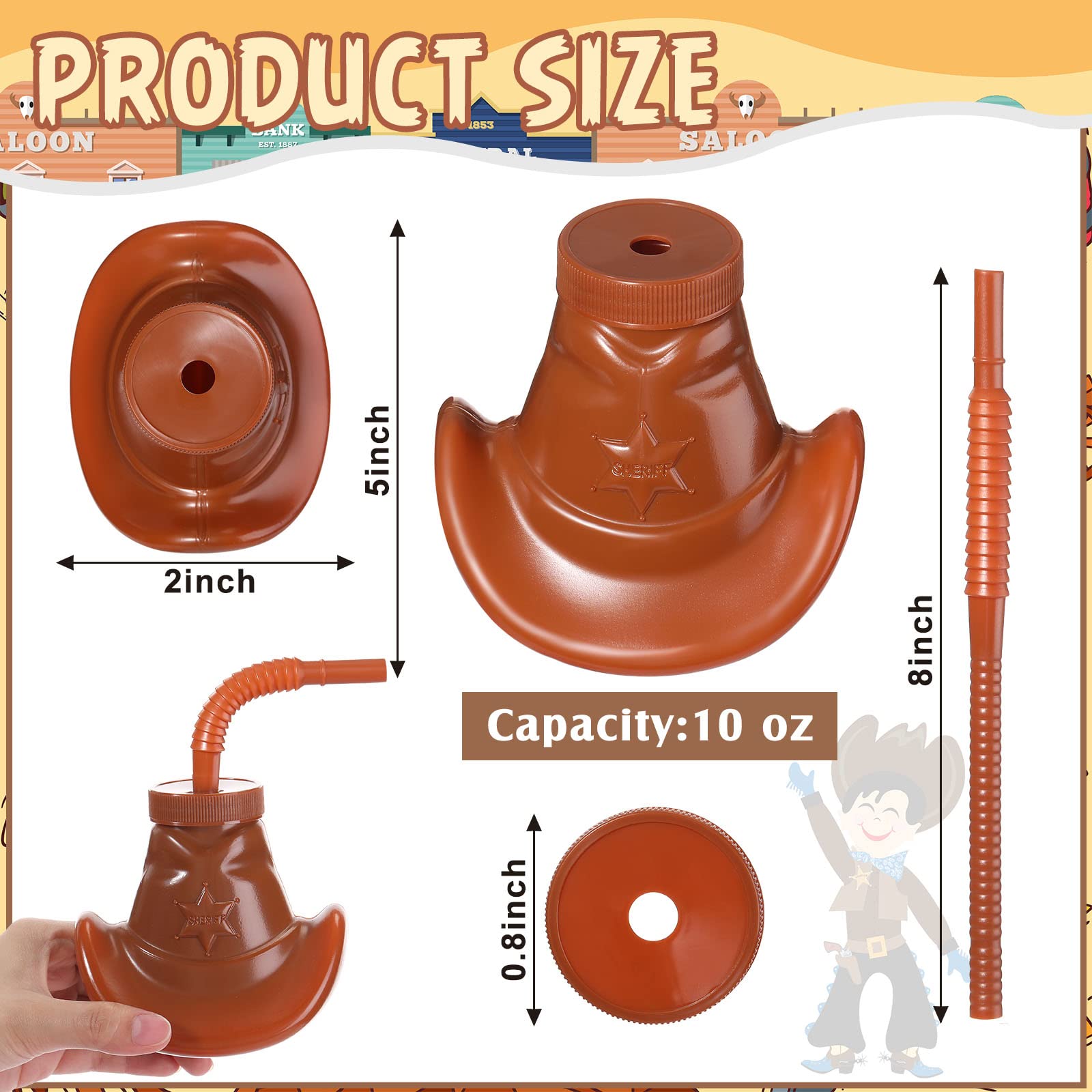 12 Pack Cowboy Hat Party Cups with Straws & Lids - 10oz Western Themed Plastic Cups for Rodeo, Cowgirl Birthday, Wild West Decorations & Party Supplies (Brown) - Perfect for BBQ, Country Weddings & Themed Events