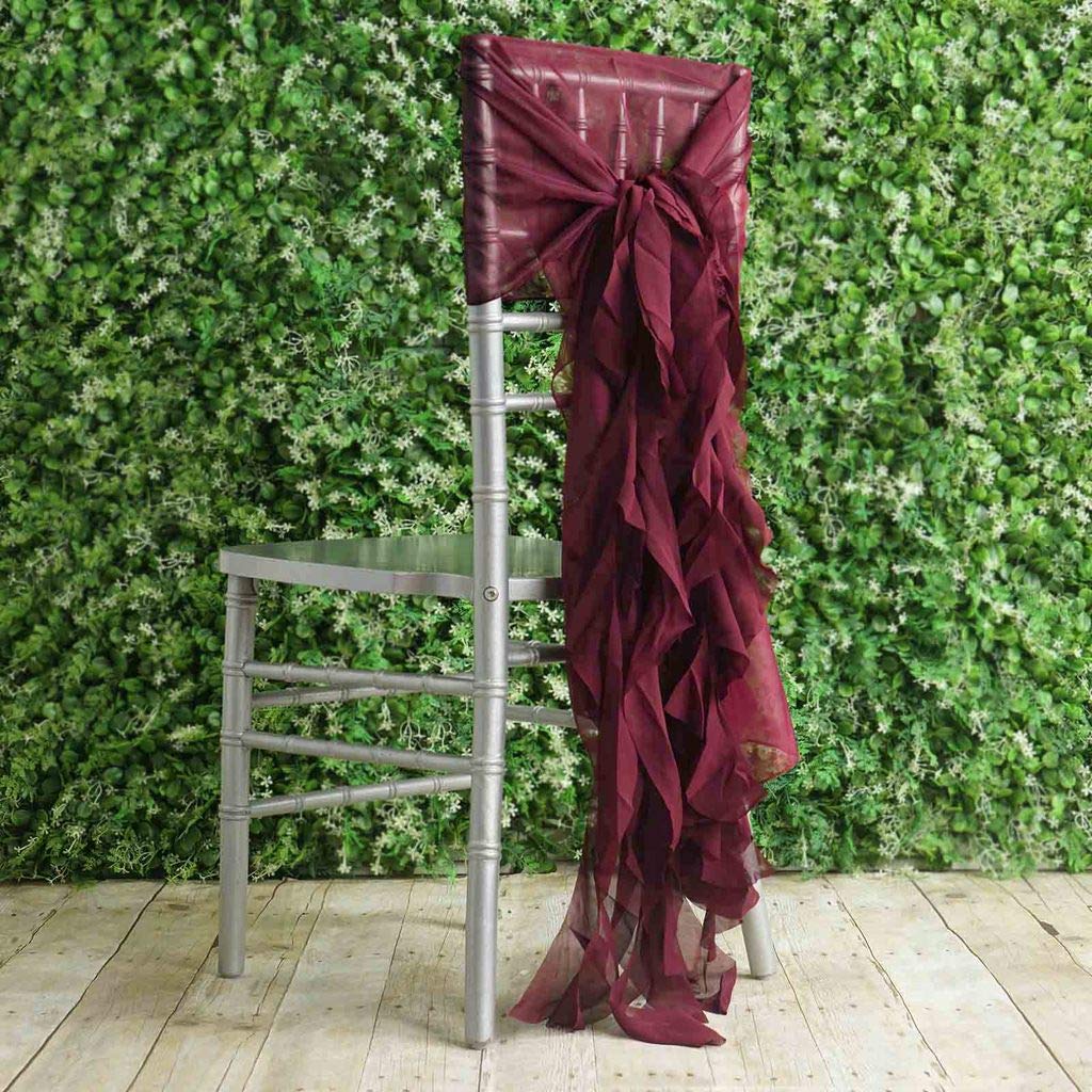 50 Burgundy Premium Curly Chiffon Chair Covers with Sashes - Elegant Wedding, Party, Ceremony & Reception Decorations - Perfect for Banquet Halls, Bridal Showers, and Special Events