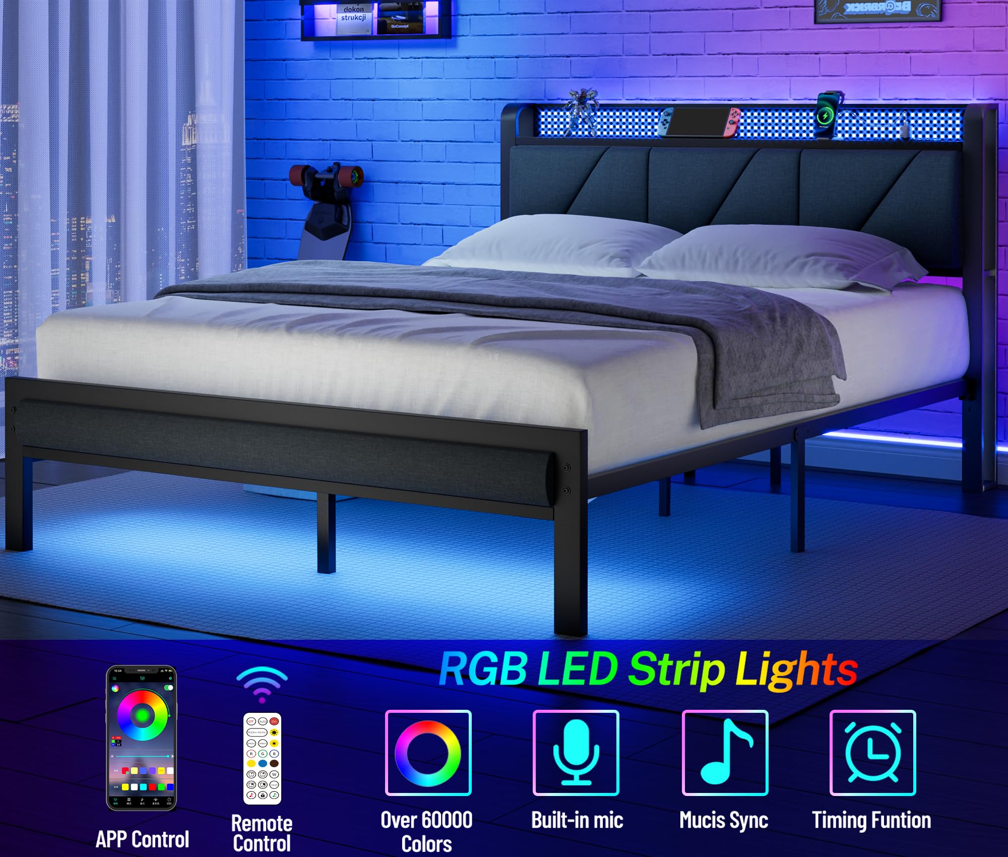 Furnulem Queen Size Bed Frame with Headboard & LED Lights - Upholstered Platform Bed with USB Charging Station, No Box Spring Needed, Noise-Free Metal Bed Frame - Perfect for Modern Bedrooms, Guest Rooms & LED Lighting Enthusiasts