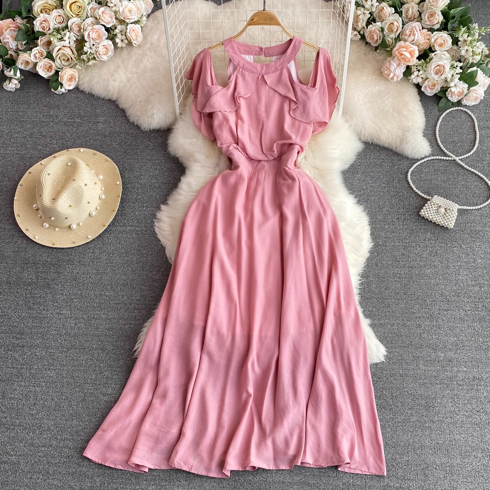 Elegant Round Neck Halter Neck Ruffled A-Line Dress for Women - Summer Party, Wedding Guest, Cocktail, Formal Occasions