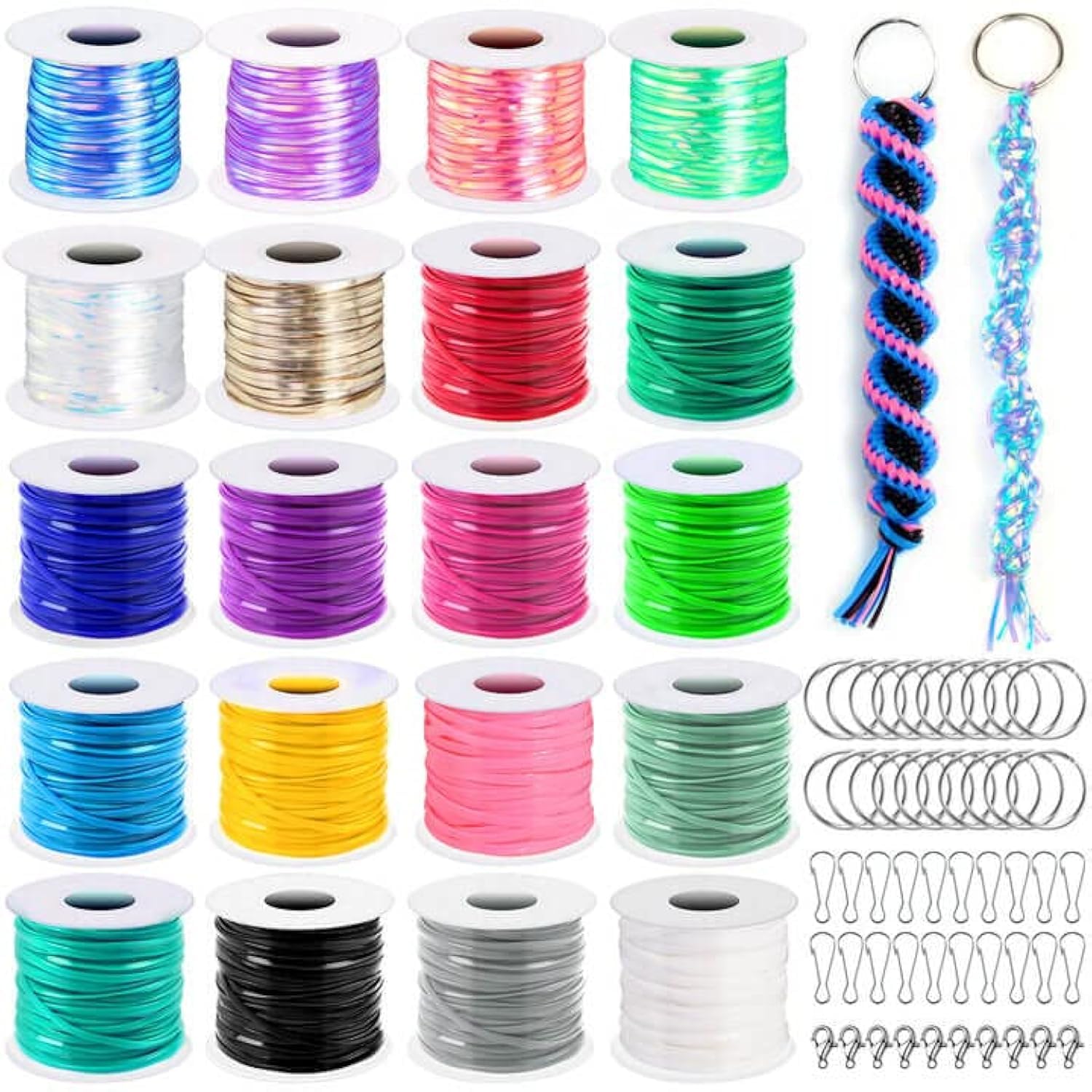 Cridoz Lanyard String Kit - 20 Rolls Plastic Cord & 50 Keychains for DIY Bracelets & Crafts