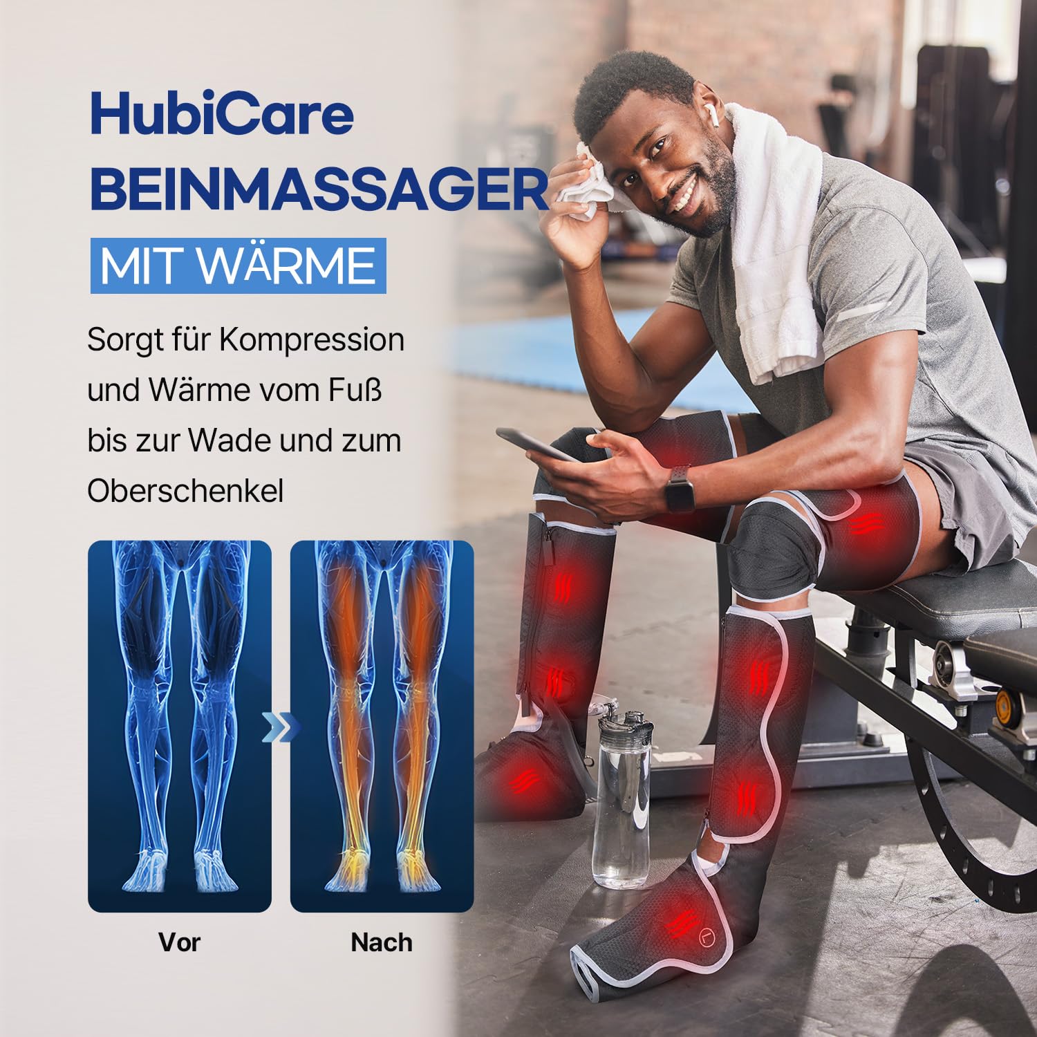 HubiCare Leg Massager with Air Compression - 6 Massage Modes for Foot, Calf & Thigh Pain Relief, Muscle Relaxation & Improved Blood Circulation - Perfect Gift for Men & Women - Ideal for Post-Workout Recovery, Office Use & Relaxation at Home