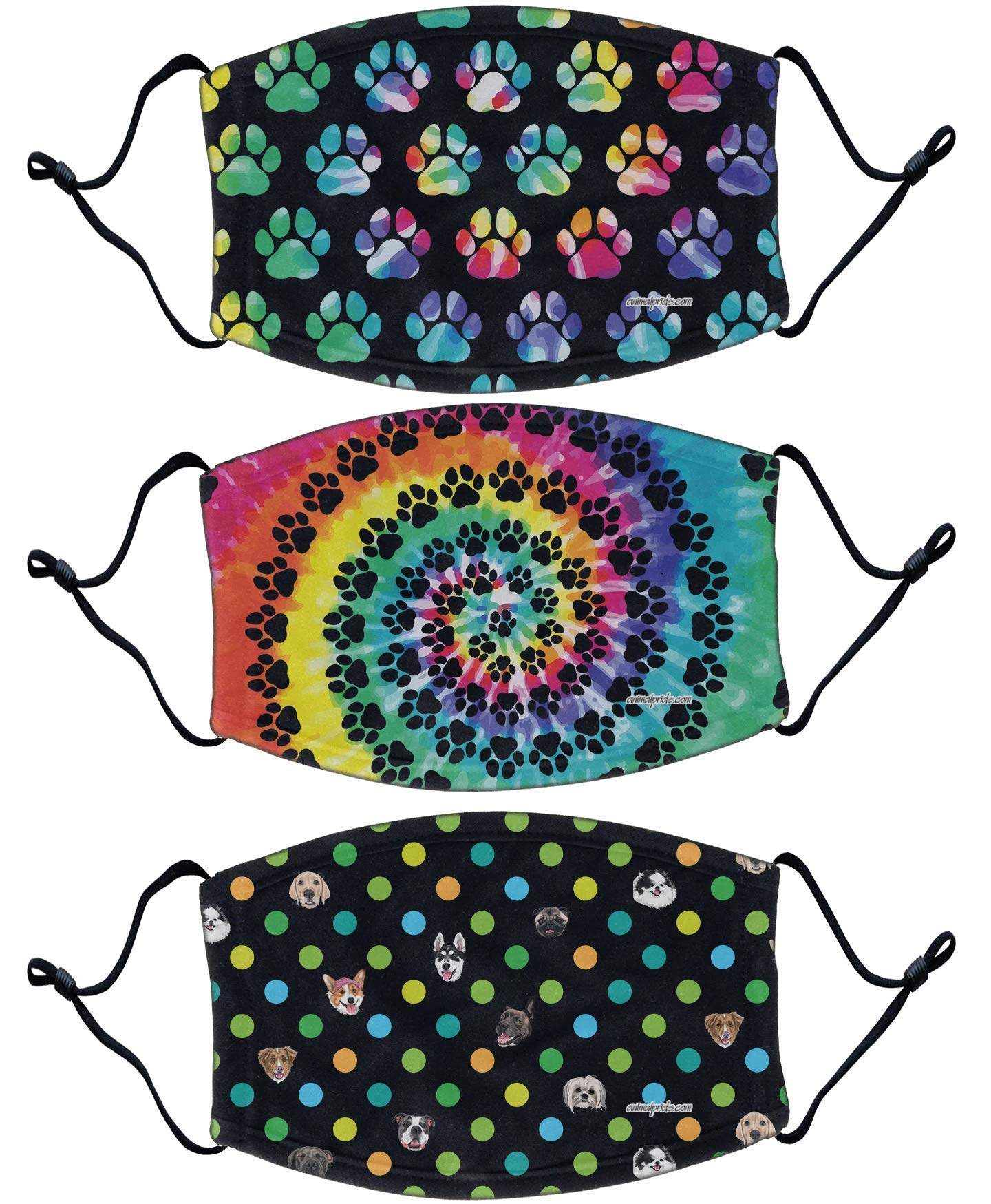 3 Pack Tie Dye Dog Face Masks - Adjustable Cotton Pet Masks with Rainbow Paw Print & Polka Dot Patterns - Washable, Breathable, Reusable for Dogs - Perfect for Walks, Grooming, and Vet Visits