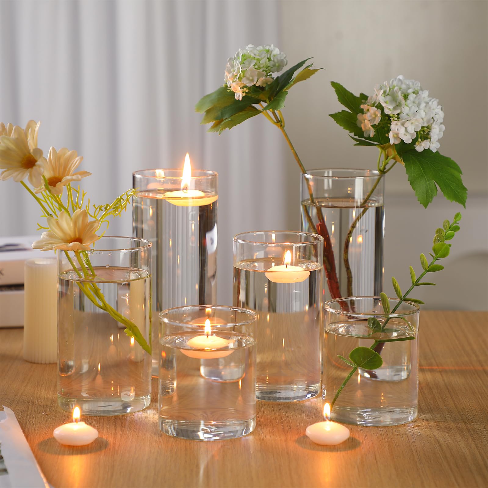 36 Pcs Clear Glass Cylinder Vase Set with Floating Candles - 4/6/8 Inch Tall Centerpiece Vases for Weddings, Parties & Home Decor - Perfect for Table Decorations, Floral Arrangements and Romantic Ambiance