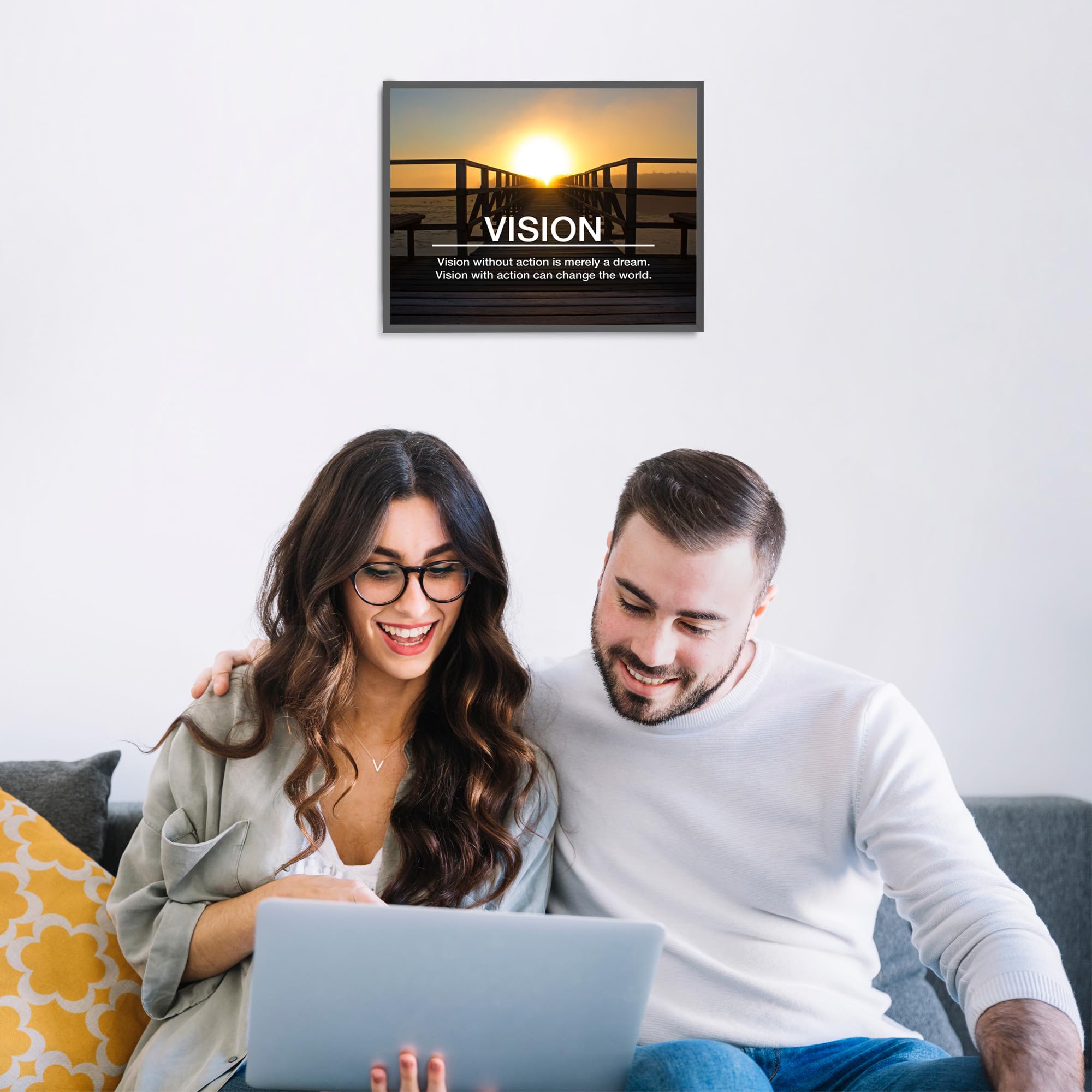 Vision With Action - Motivational Wall Art Print, Ocean Sunset Inspirational Decor for Living Room, Bedroom, Office & Workplace - Unframed 10x8 - Perfect for Home, School & Office Motivation