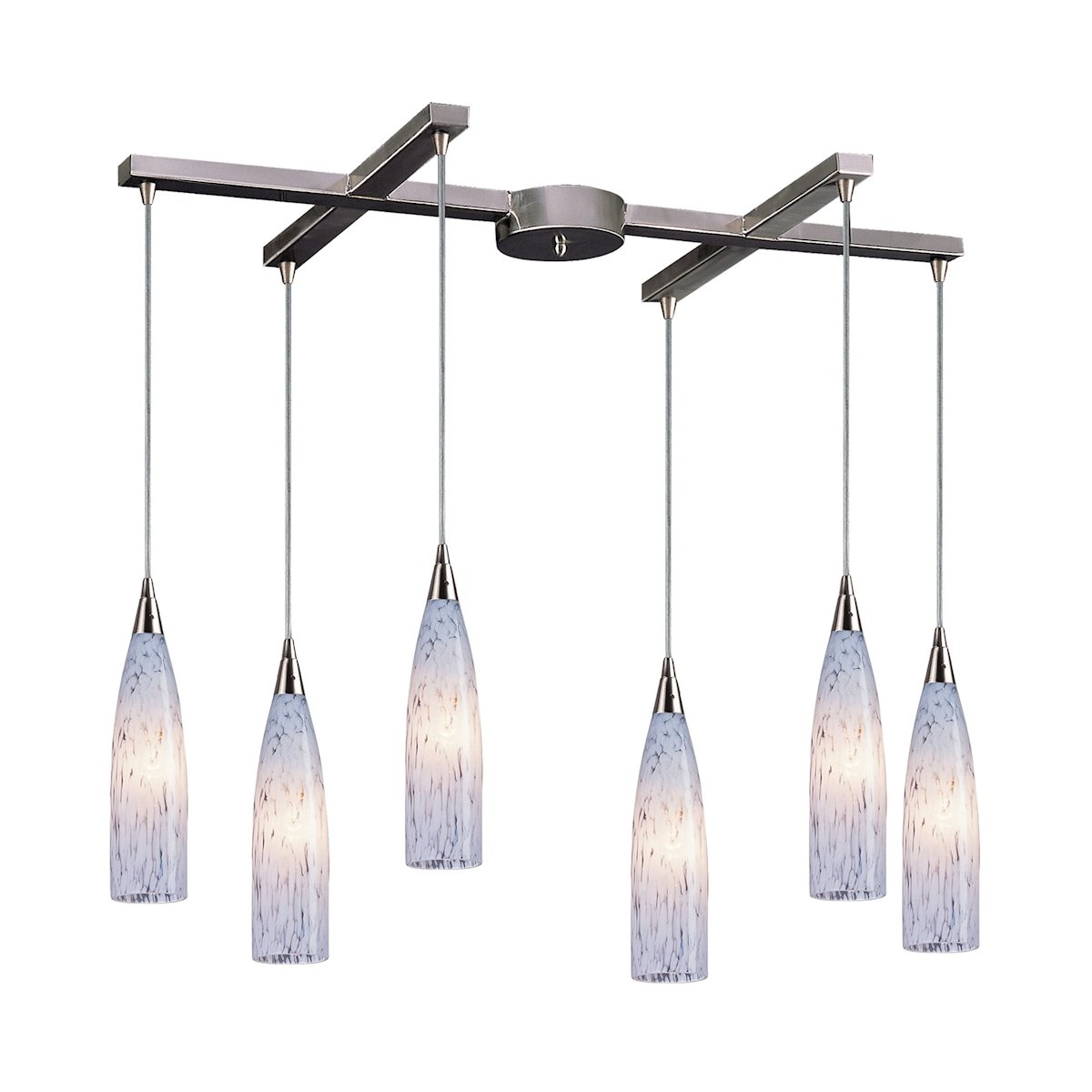 Lungo 6-Light H-Bar Pendant Light Fixture - Satin Nickel Finish with Snow White Glass Shades | Modern Dining Room & Kitchen Island Lighting