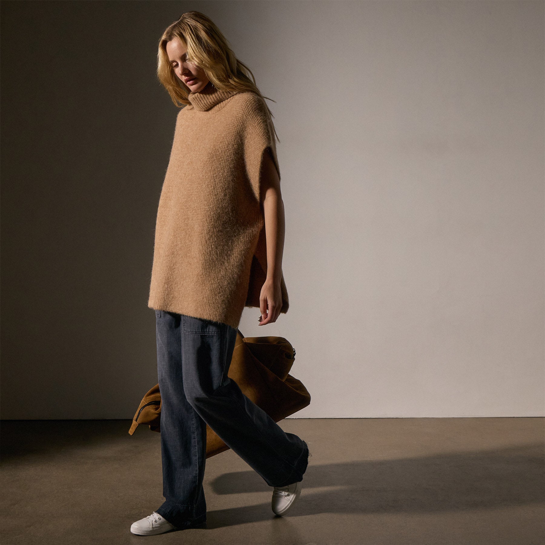 Waffle Knit Funnel Neck Tunic Sweater in Camel Color | Cozy Winter Pullover for Women | Perfect for Layering, Casual Outfits & Office Wear