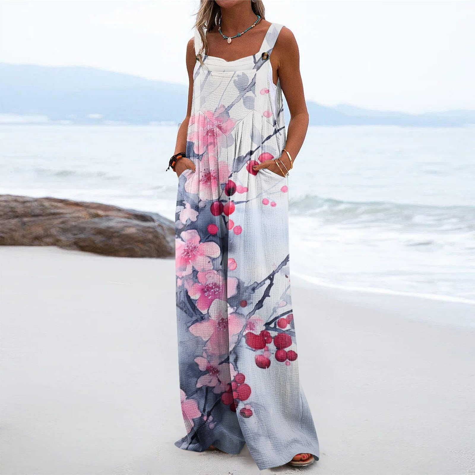 Women's Summer Jumpsuit - Casual Printed Linen Overalls with Pockets | Wide Leg Romper for Beach, Travel & Everyday Wear
