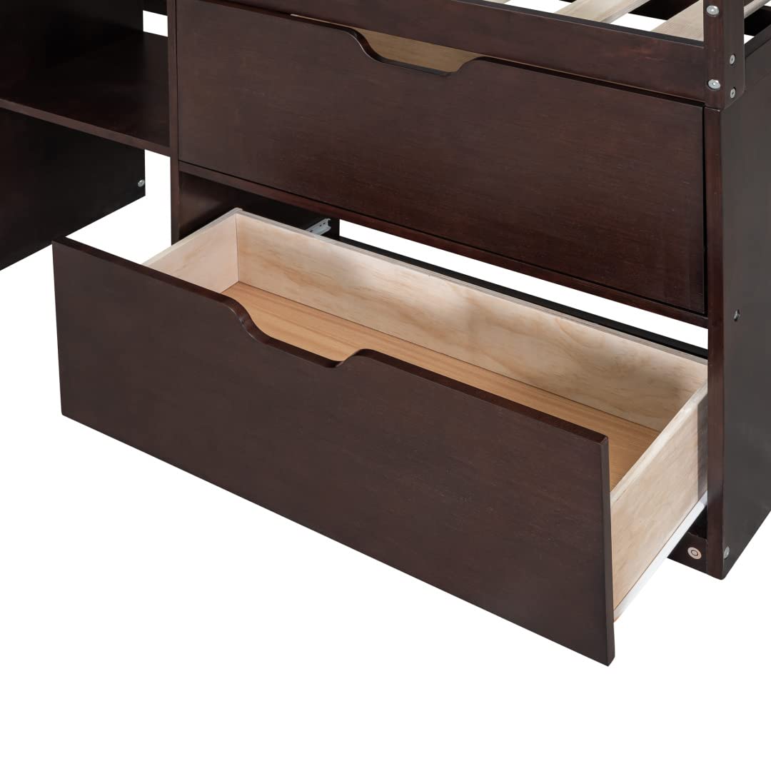Twin Size Loft Bed with Rolling Desk & Storage - Low Loft Bed Frame with 2 Drawers, Open Shelves & Blackboard for Kids - Space-Saving Wood Bed for Boys & Girls (Espresso) - Perfect for Small Bedrooms, Dorm Rooms & Kids' Study Areas