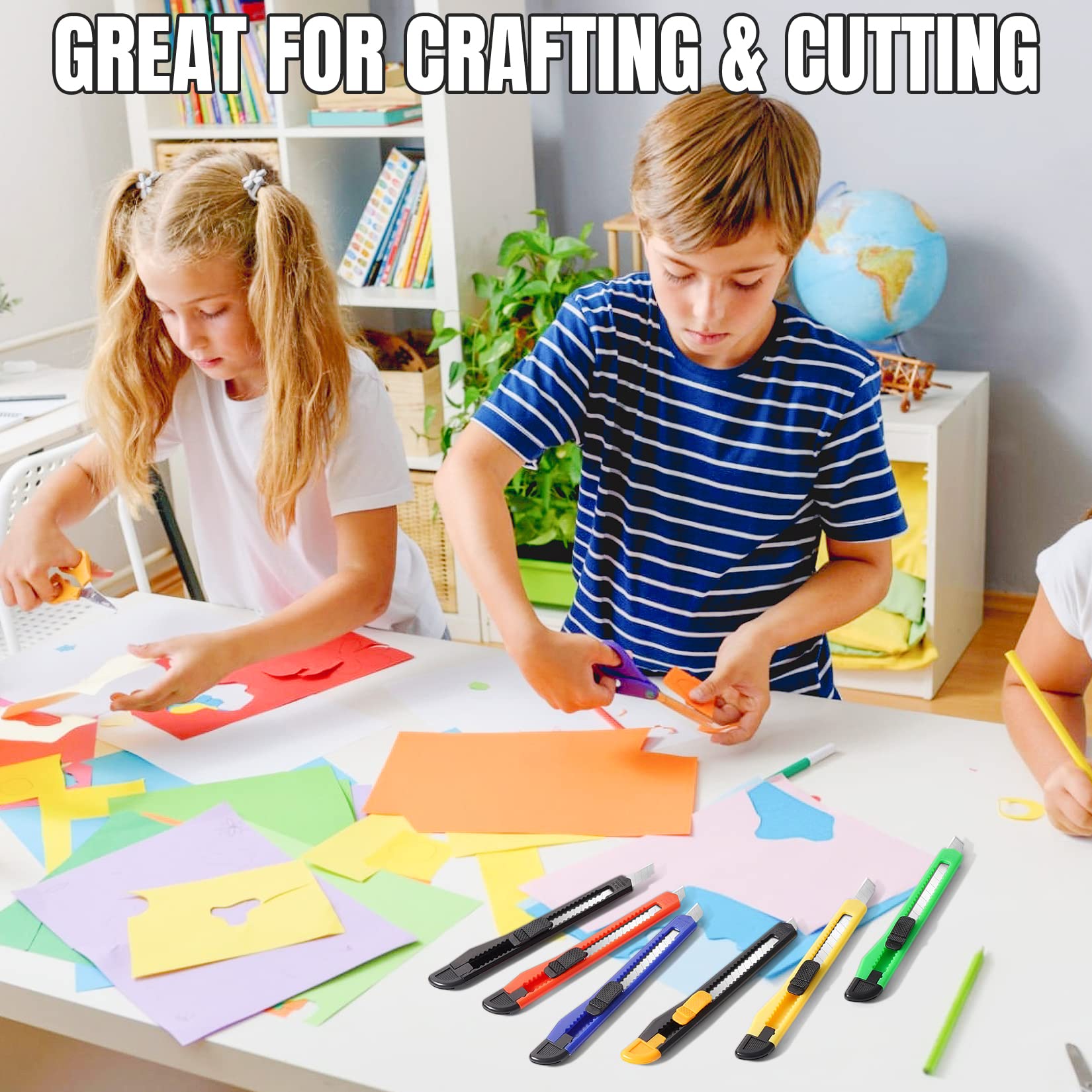 4 Pack Retractable Utility Knife with 9MM Snap-Off Blades - Heavy Duty Box Cutter for Cardboard, Wrapping, Packages - Exacto Knife for Office, Home, School, Warehouse & DIY Projects - Safe Razor Knife for Opening Boxes, Crafts & Shipping Supplies