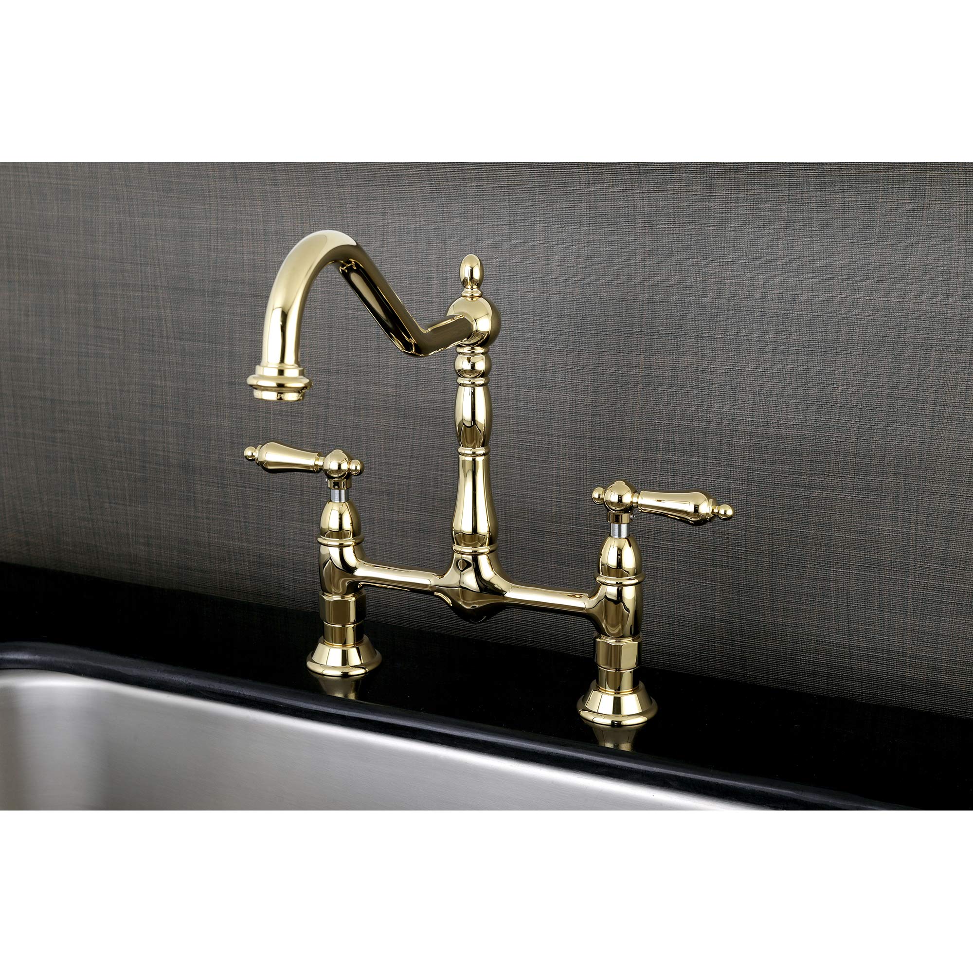 Kingston Brass KS1172AL Heritage Bridge Kitchen Faucet - 13 x 8 x 2.13 Inches, Polished Brass Finish, High Arc Spout, Dual Handle Design - Perfect for Farmhouse, Traditional & Vintage Style Kitchens