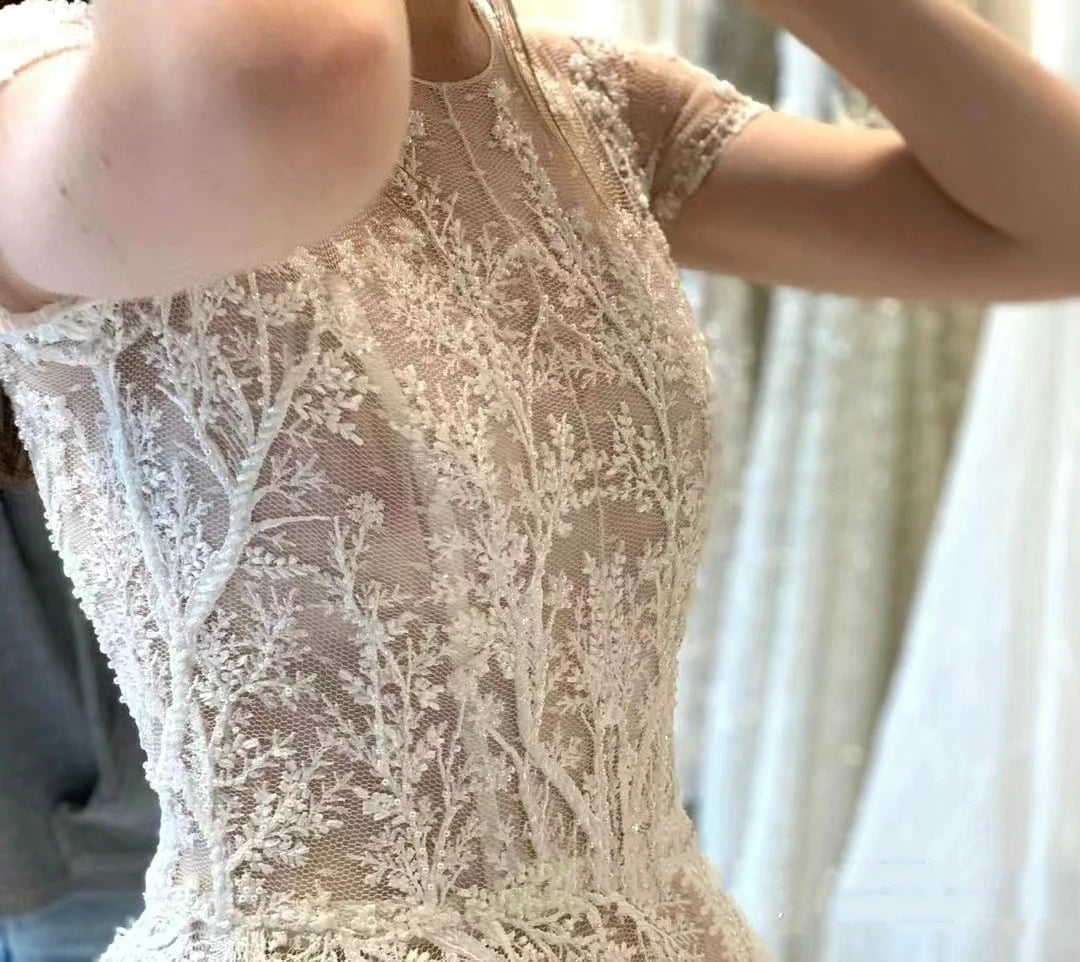 Vintage Bohemian Wedding Dress Floor Length with Lace Appliques Short Sleeves - Perfect for Beach, Garden & Outdoor Boho Weddings