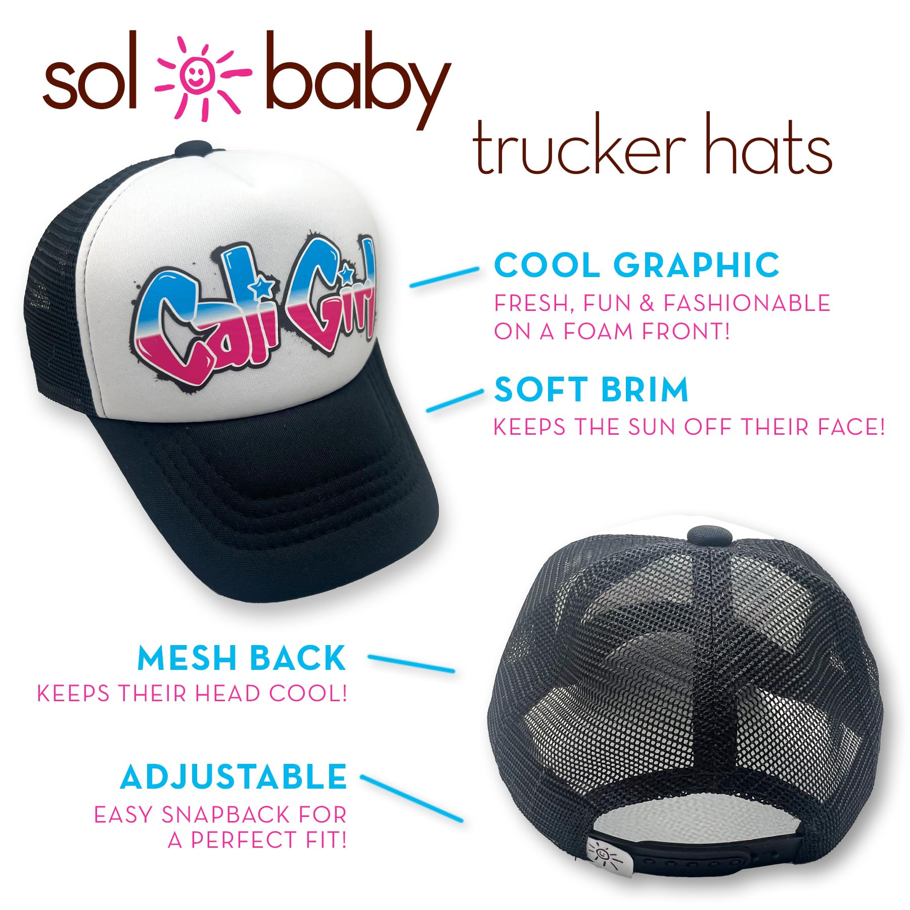 Sol Baby Cali Girl Graffiti Snapback Trucker Hat - Beach Baseball Cap for Kids & Toddlers - Summer Outfit Essential