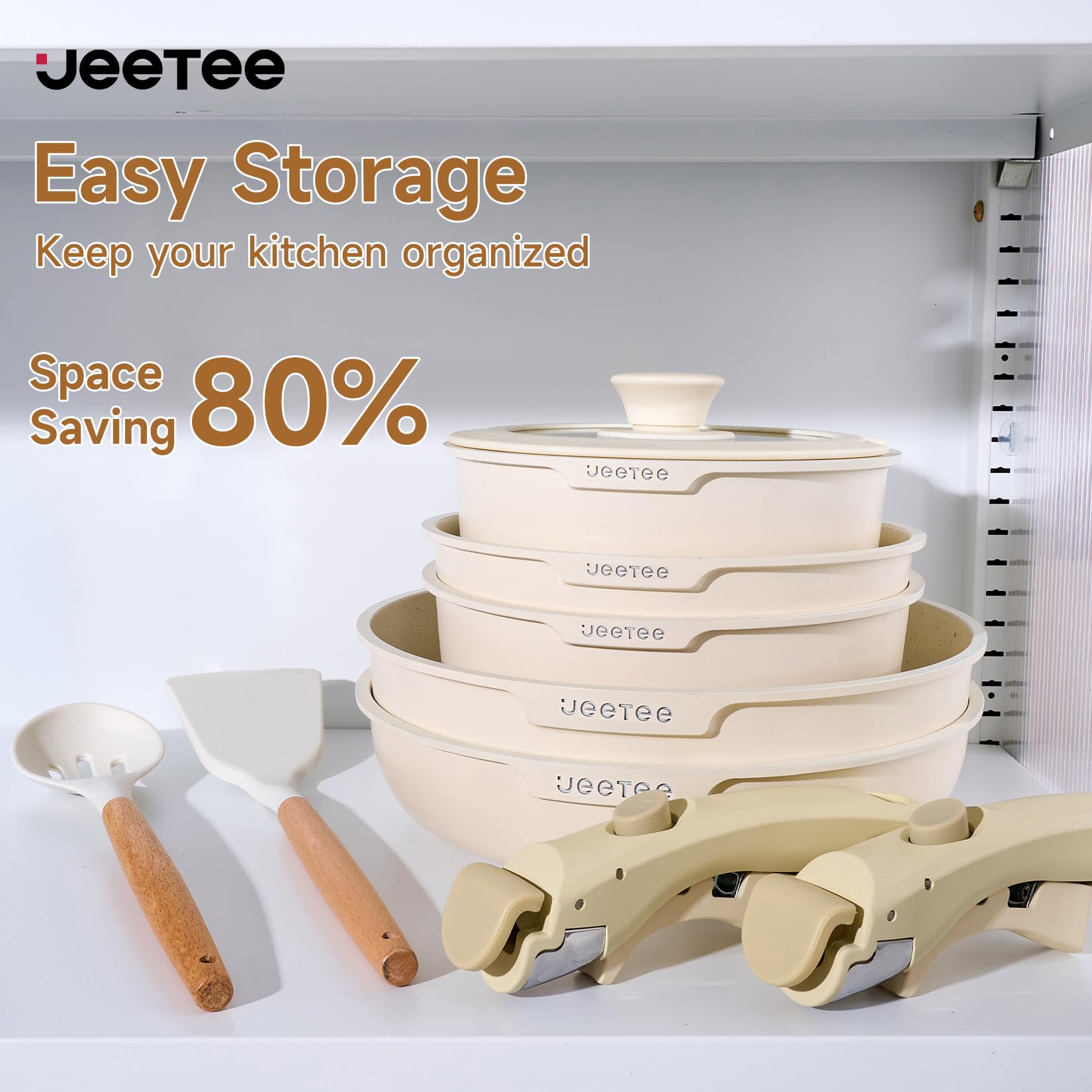 **JEETEE 25-Piece Non-Stick Cookware Set with Removable Handles – Induction Compatible, Oven & RV Safe, PFOA-Free (Beige) – Perfect for Camping, Small Kitchens & RVs**
