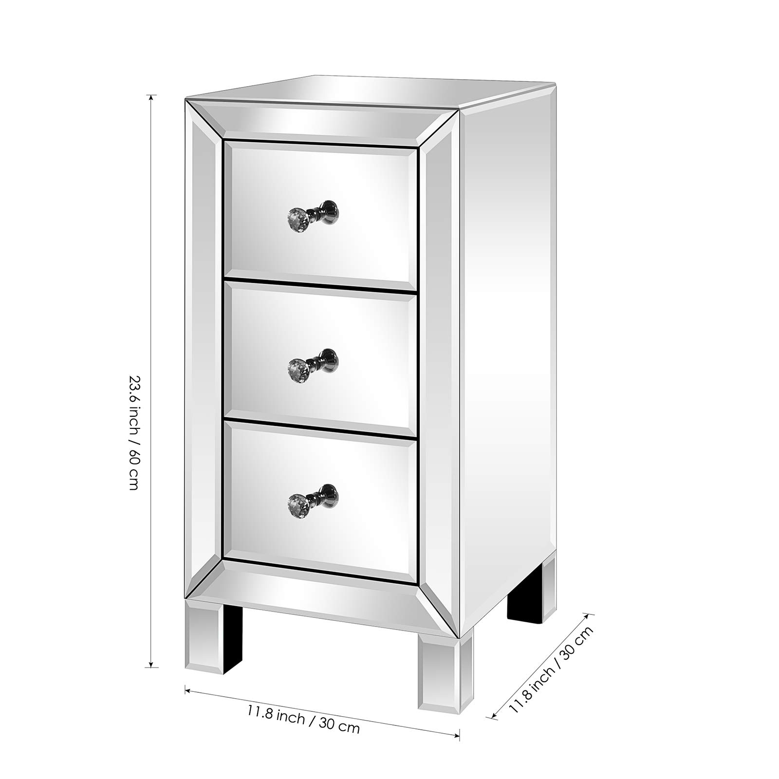 Modern & Contemporary Mirrored 3-Drawer Nightstand Bedside Table - Stylish Bedroom Furniture for Small Spaces, Guest Rooms & Master Suites