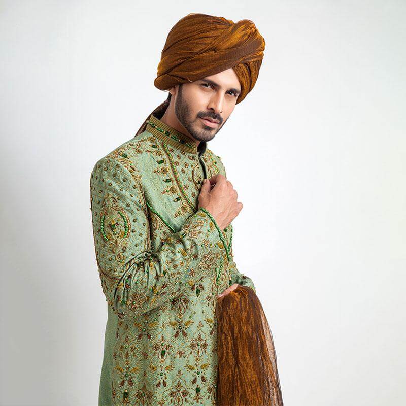 Dark Pistachio Green Pure Jamavar Silk Sherwani for Men - Elegant Indian Wedding Attire & Formal Occasions