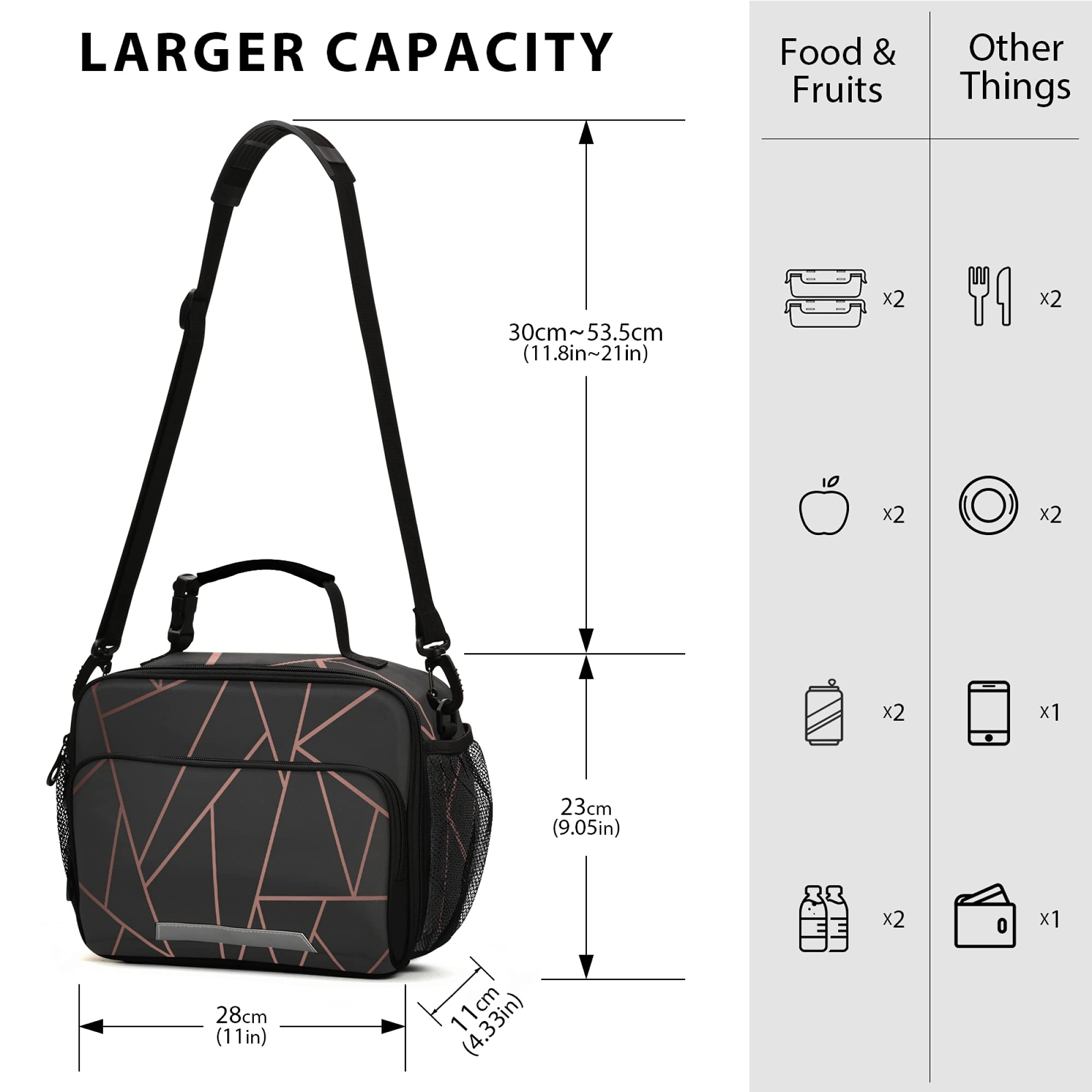 **Black Rose Marble Insulated Lunch Box for Girls & Teens – Geometric Design School Lunch Bag with Ice Pack, Fits Bento Boxes & External Bottle Holder – Perfect for School, Work, Picnics & Travel**