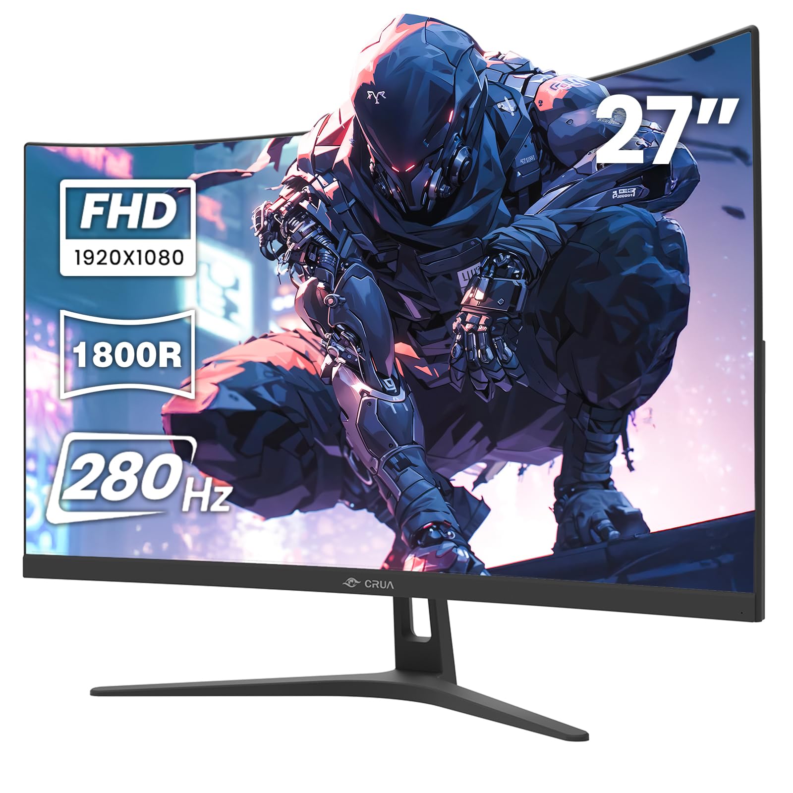 CRUA 27 Inch Curved Gaming Monitor 280Hz 240Hz, 1ms GTG Response, FHD 1080P VA Panel, 99% sRGB, 1800R Curvature, FreeSync Compatible, HDMI/DP Ports, Wall Mountable, Tilt Adjustable, Eye Care Technology - Perfect for Esports, PC Gaming, and Home Office Setup