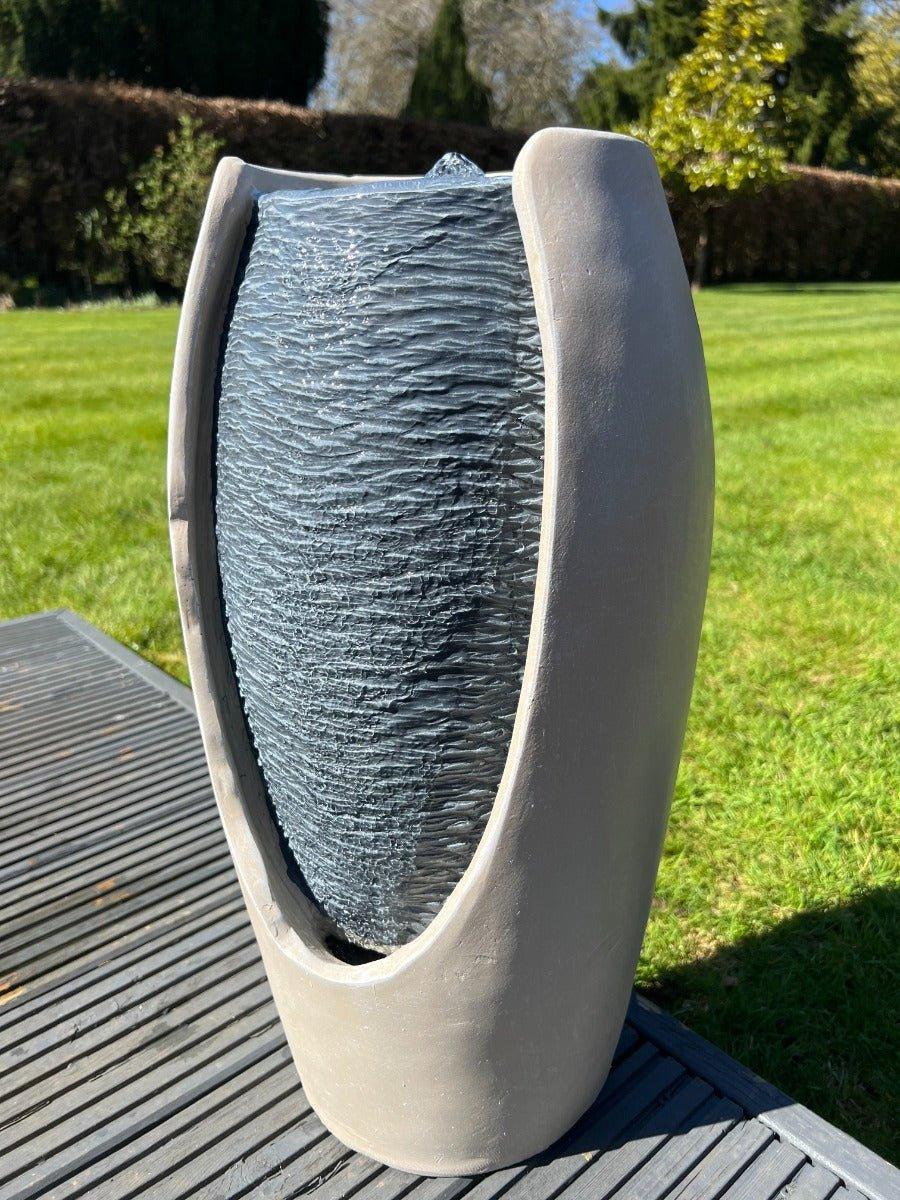 Solar Powered Open Vase Water Feature with LED Lights - White/Grey - 27x25x50cm - Perfect for Garden, Patio, and Outdoor Decor