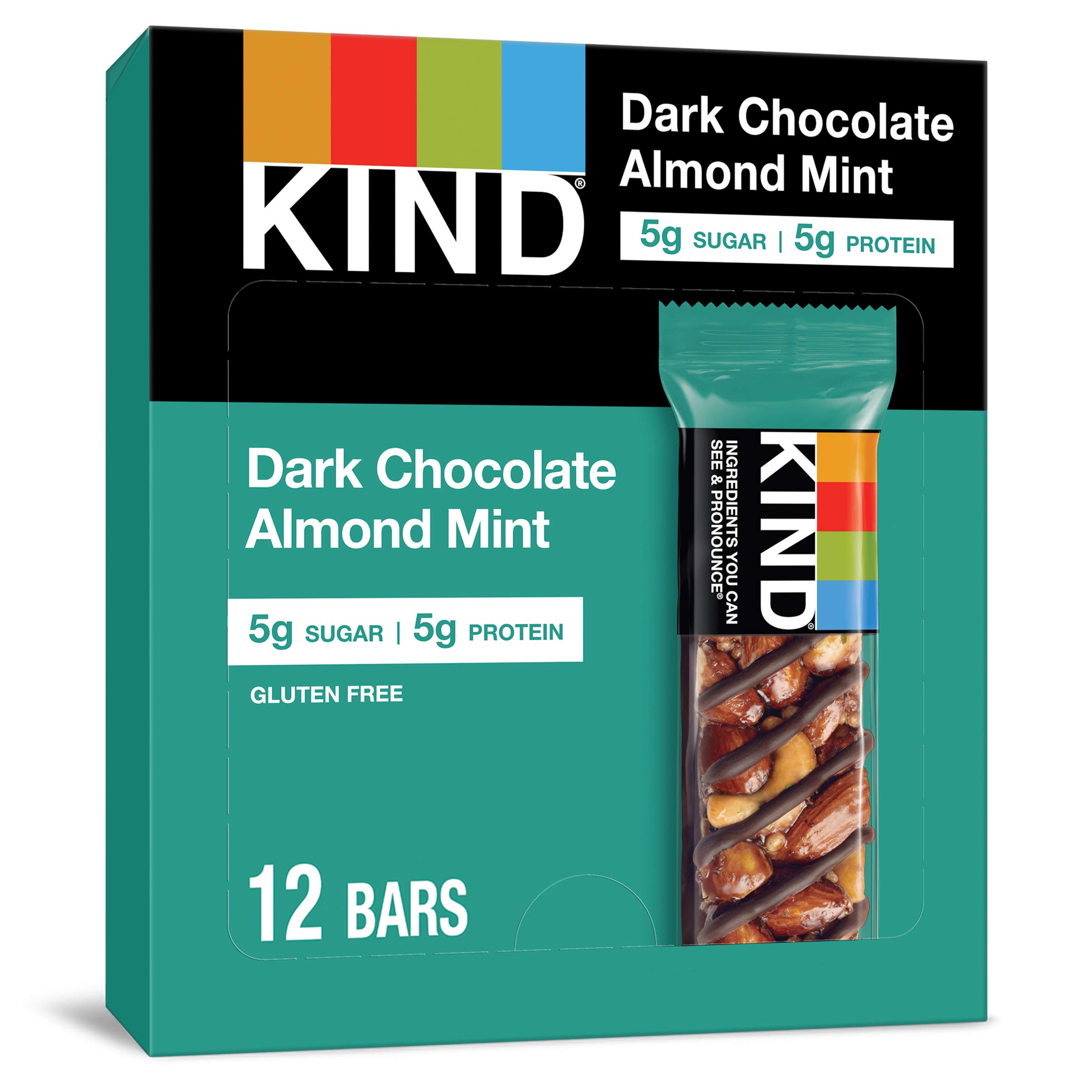 KIND Nut Bars, Dark Chocolate Mint - Gluten Free Healthy Snacks with 5g Protein & Low Sugar (12 Count) | Perfect for On-the-Go Energy, Hiking & Office Snacks