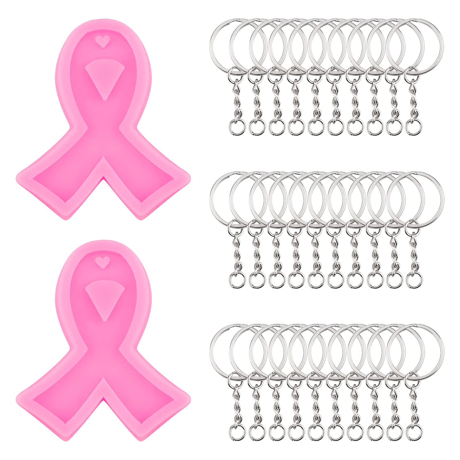 WANDIC Breast Cancer Awareness Ribbon Mold Set - 2 Pink Ribbon Keychain Molds with 30 Key Rings for DIY Jewelry Making, Clay Crafts | Perfect for Charity Events, Fundraisers & Awareness Activities