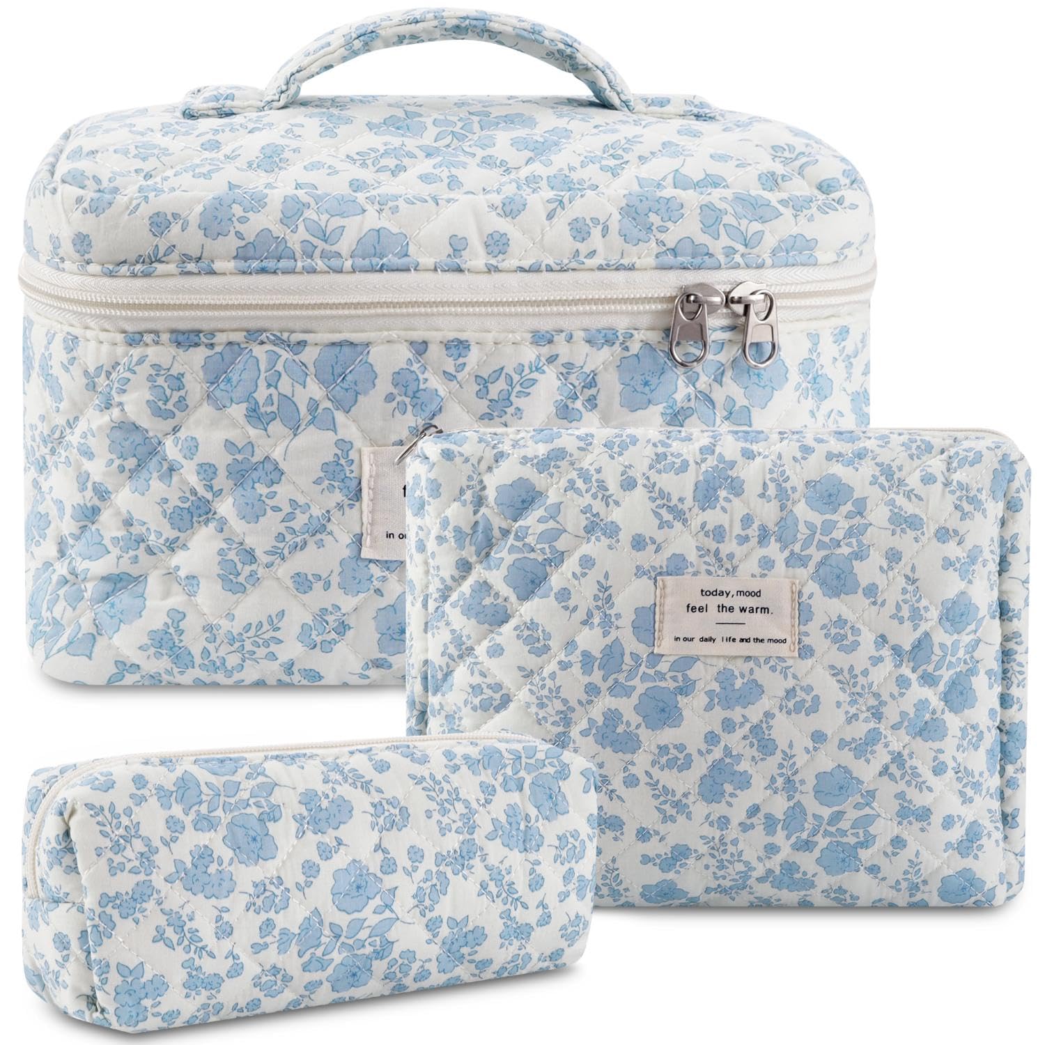 Quilted Makeup Bag Set - 3 Pcs Cotton Floral Cosmetic Organizer for Women | Large Travel Toiletry Bags | Perfect for Vacation, Gym & Daily Essentials Storage