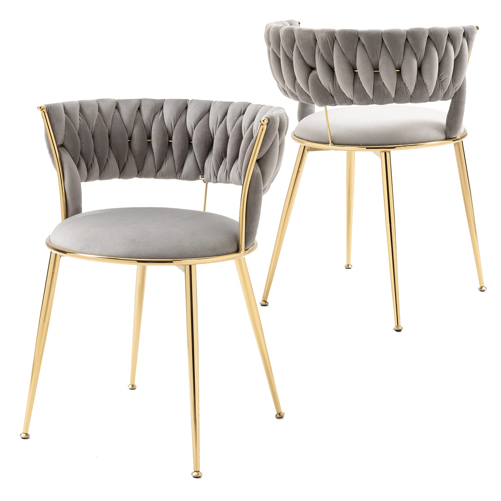 Modern Velvet Dining Chairs Set of 2 - Upholstered Mid-Century Accent Chairs with Woven Back & Gold Metal Legs for Living Room, Kitchen, Bedroom | Elegant Grey Velvet Seating for Home Decor & Entertaining